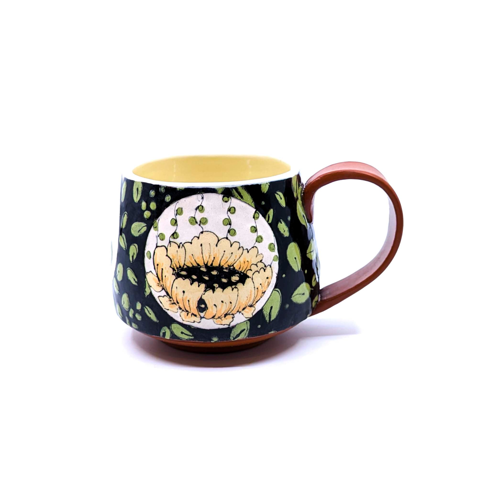 Black Mug with Flowers & Leaves