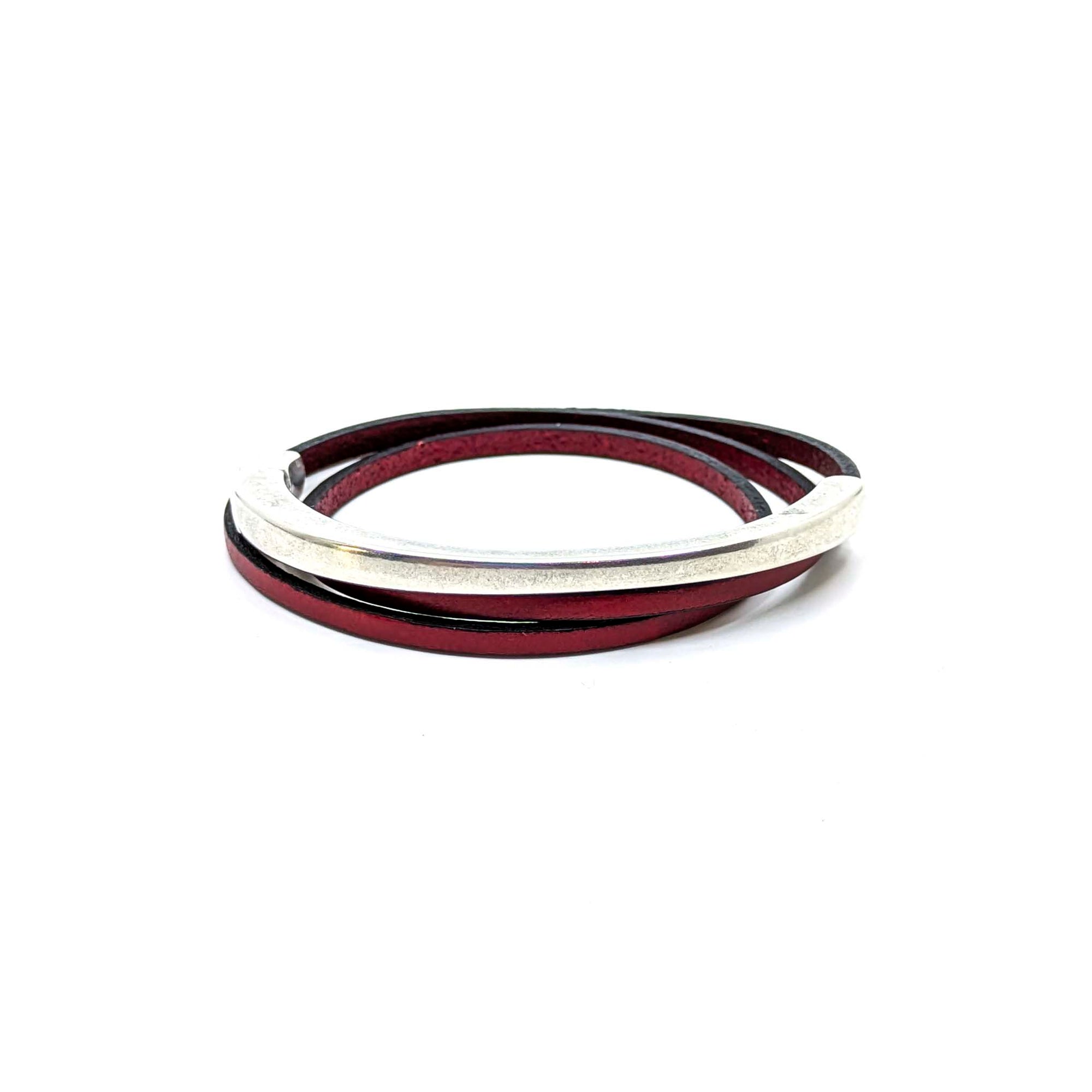 Top Circle Triple Wrap Leather Bracelet- Red (Leather size 3mm)