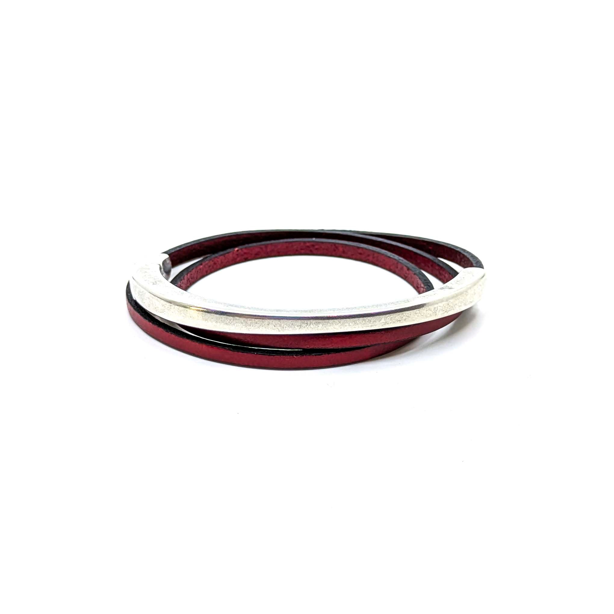 Top Circle Triple Wrap Leather Bracelet- Red (Leather size 3mm)