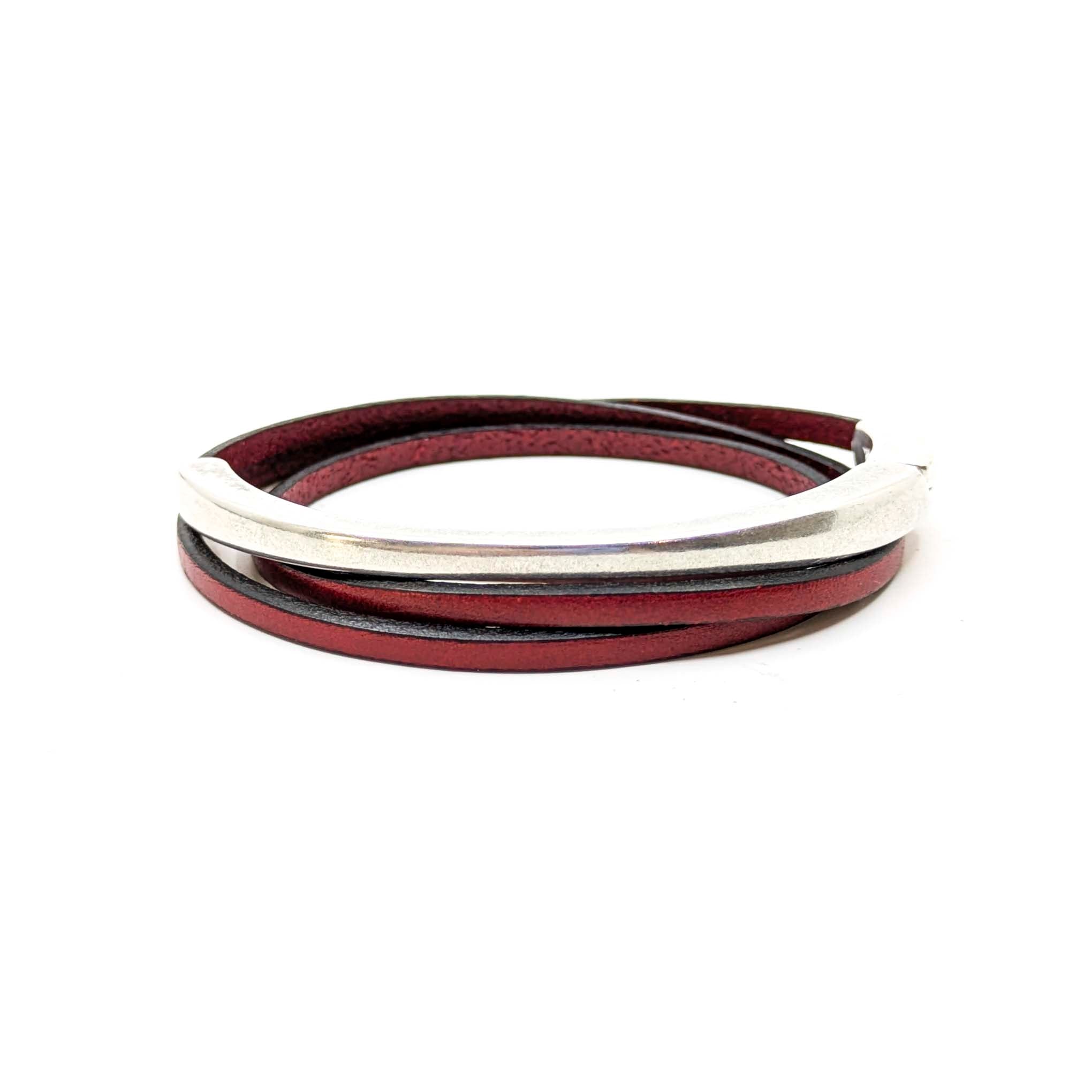 Top Circle Triple Wrap Leather Bracelet- Red (Leather size 3mm)