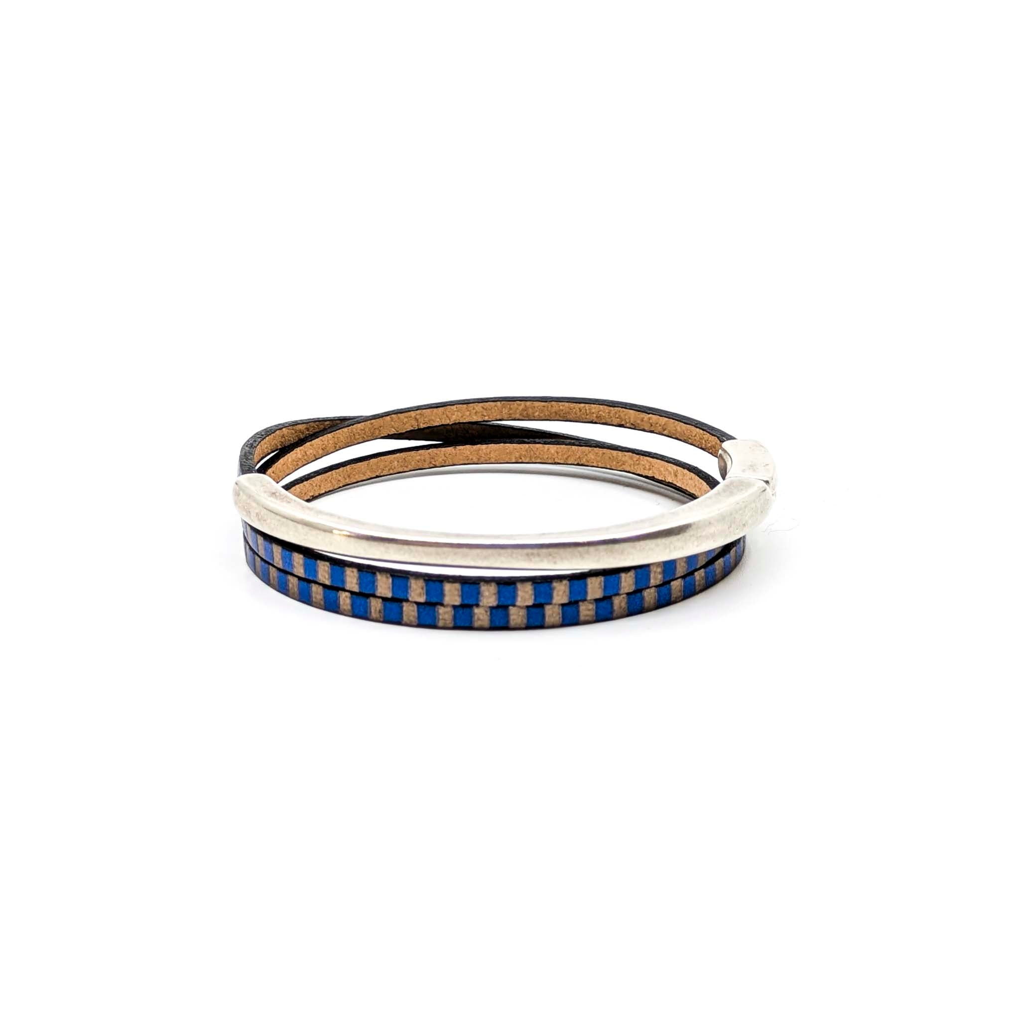 Top Circle Triple Wrap Leather Bracelet- Blue Striped (Leather size 3mm)