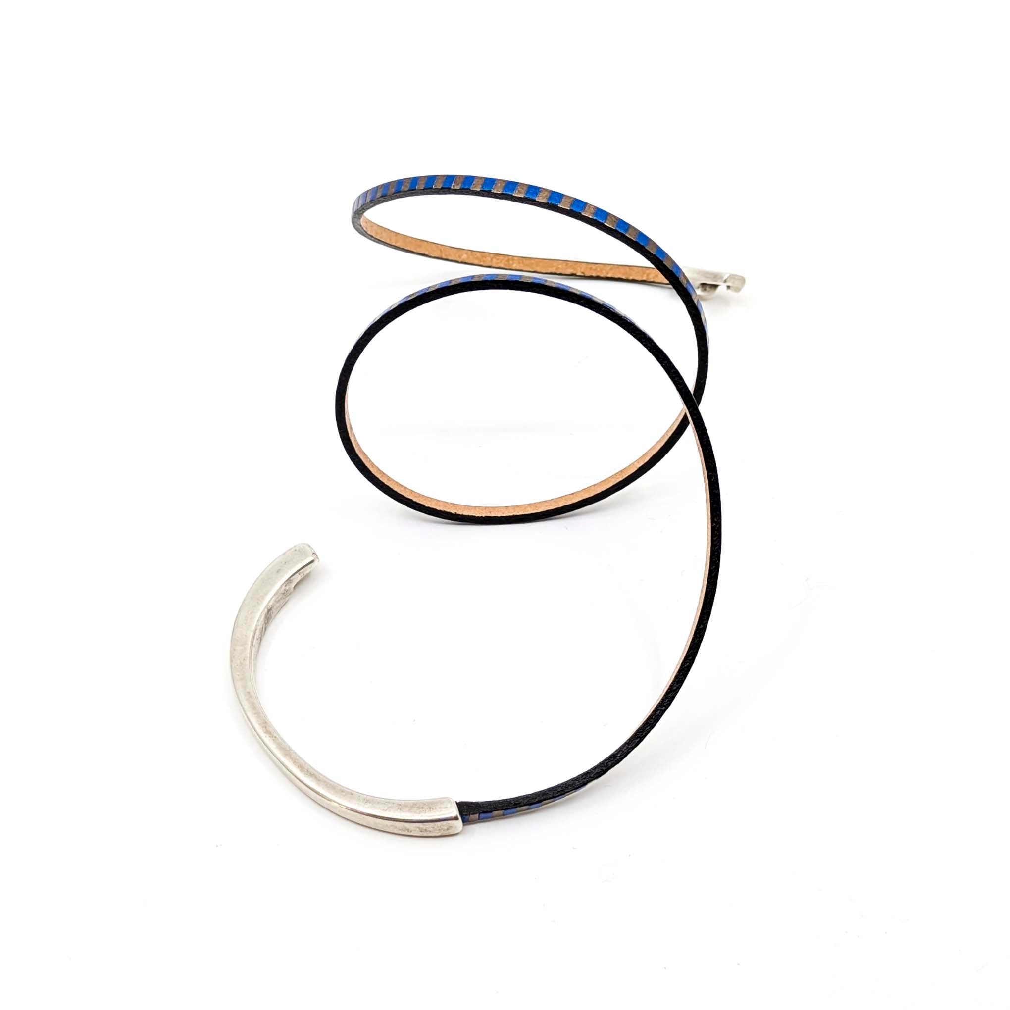 Top Circle Triple Wrap Leather Bracelet- Blue Striped (Leather size 3mm)