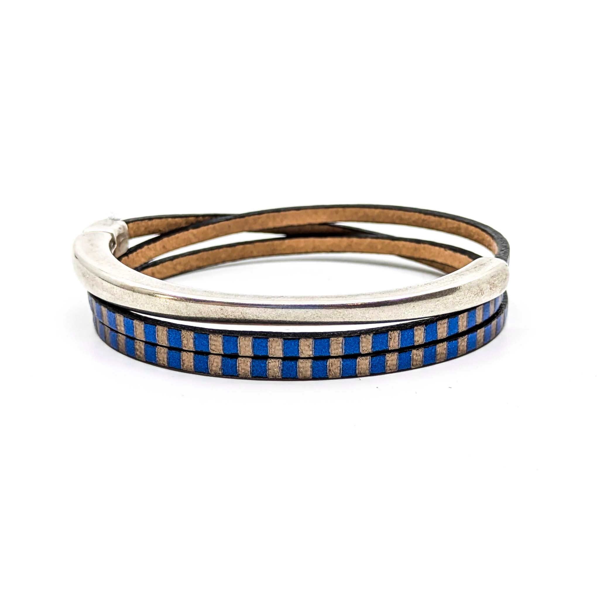 Top Circle Triple Wrap Leather Bracelet- Blue Striped (Leather size 3mm)