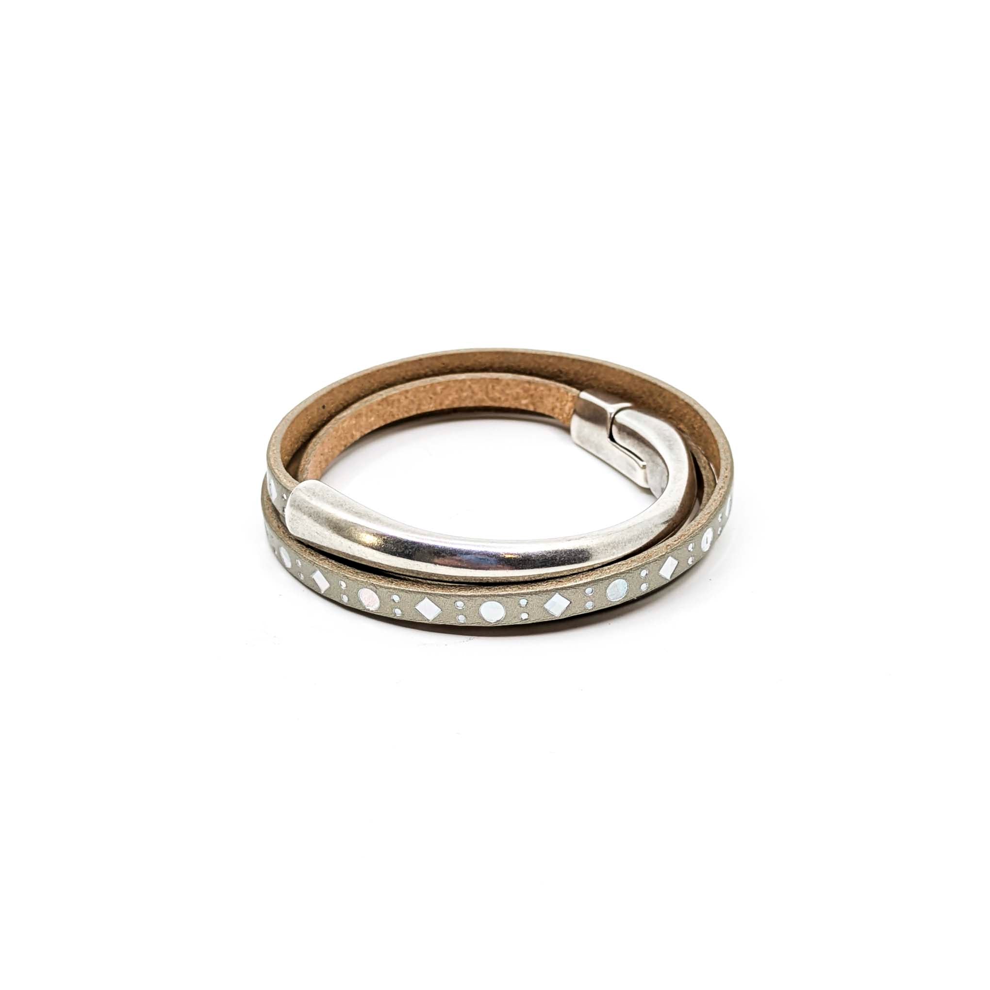 Asymmetrical Half Circle Triple Wrap Leather Bracelet-Champagne Diamond (Leather size 5mm)