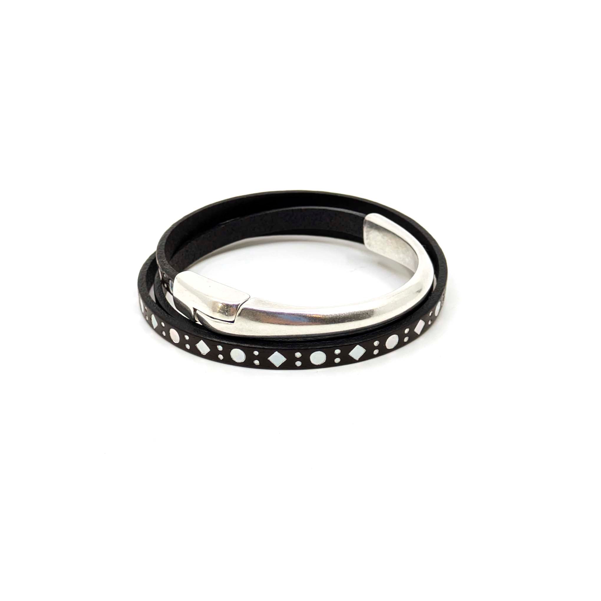 Asymmetrical Half Circle Triple Wrap Leather Bracelet-Dark Brown Diamond (Leather size 5mm)