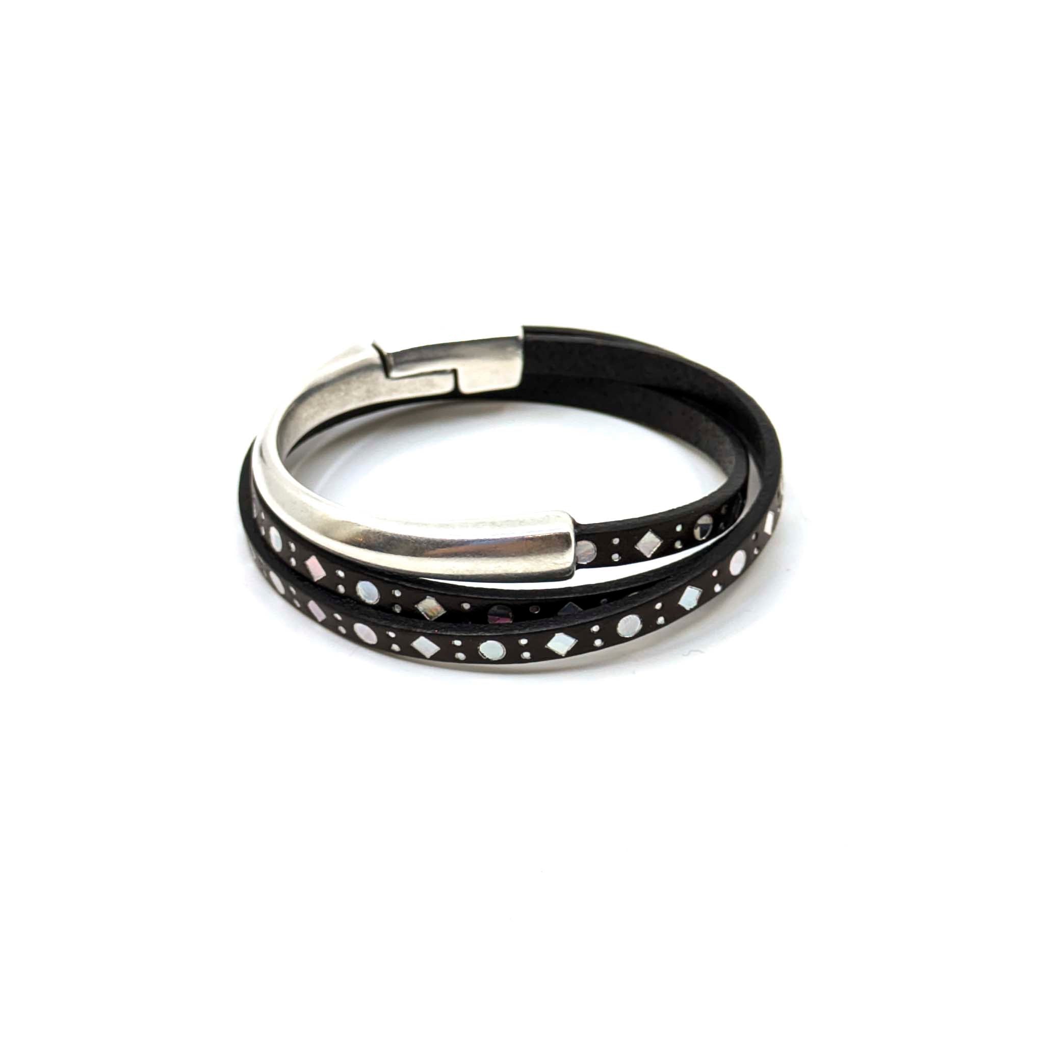 Asymmetrical Half Circle Triple Wrap Leather Bracelet-Dark Brown Diamond (Leather size 5mm)