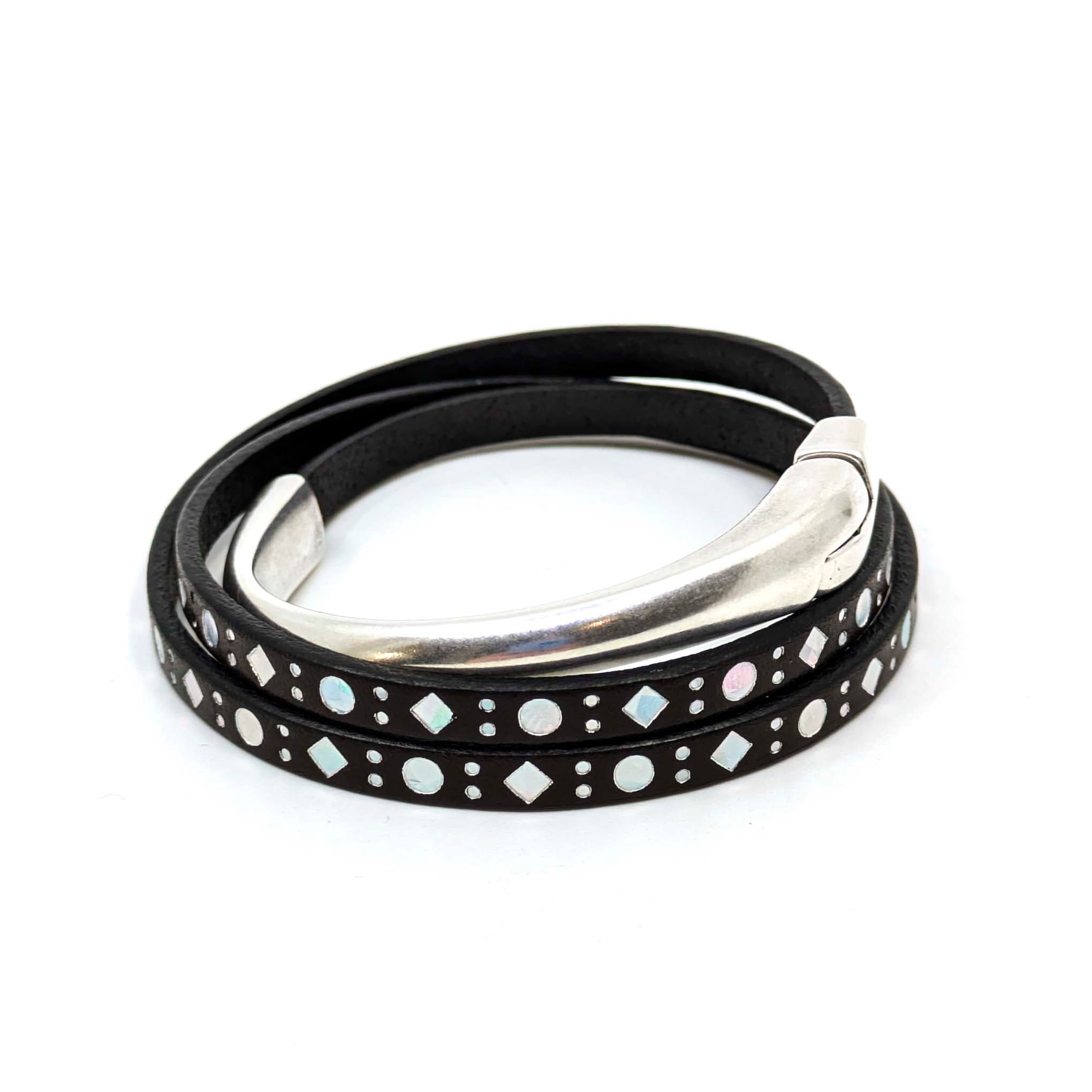 Asymmetrical Half Circle Triple Wrap Leather Bracelet-Dark Brown Diamond (Leather size 5mm)