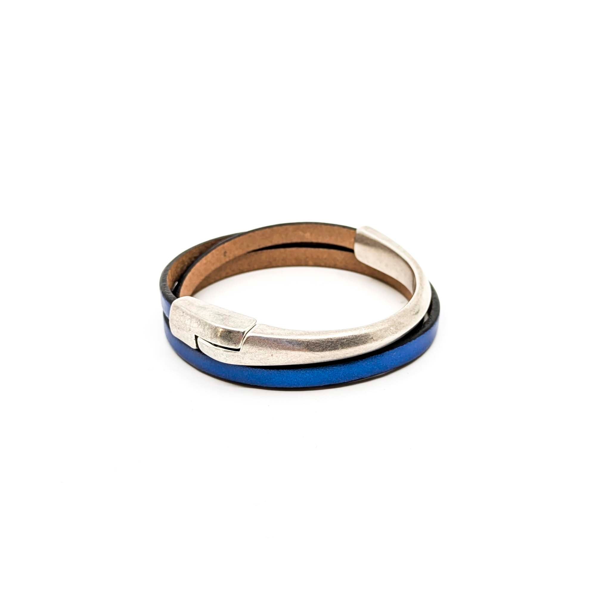 Asymmetrical Half Circle Triple Wrap Leather Bracelet-Metallic Blue (Leather size 5mm)