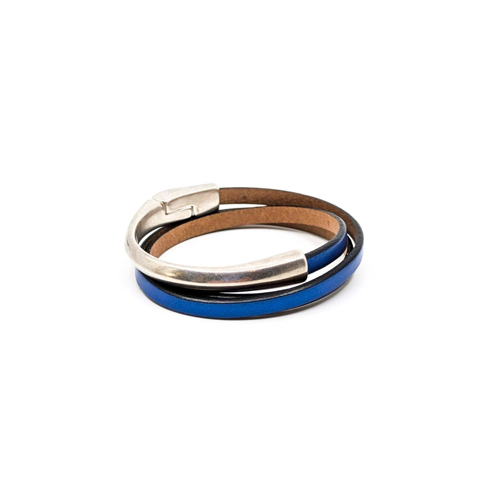 Asymmetrical Half Circle Triple Wrap Leather Bracelet-Metallic Blue (Leather size 5mm)