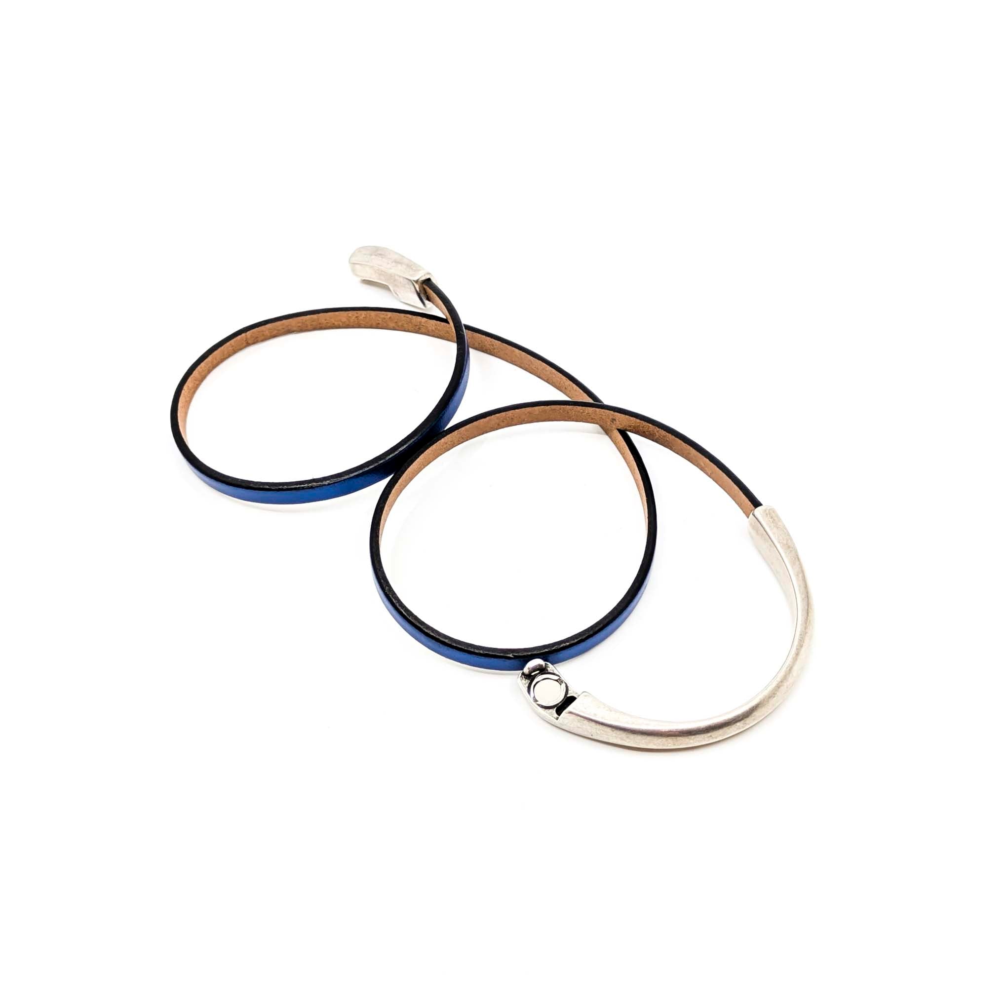 Asymmetrical Half Circle Triple Wrap Leather Bracelet-Metallic Blue (Leather size 5mm)