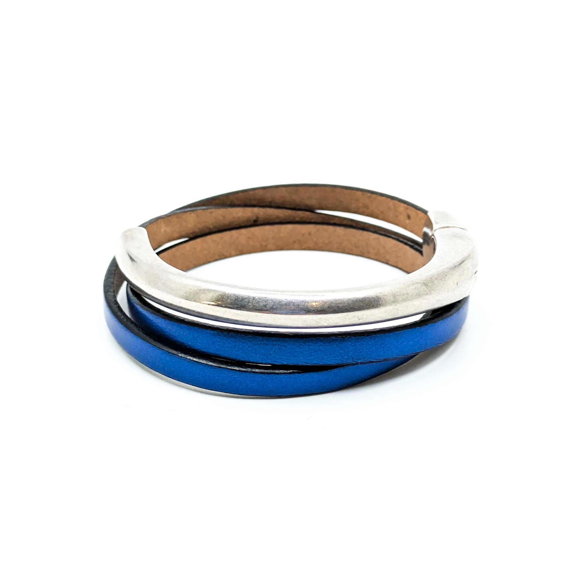 Asymmetrical Half Circle Triple Wrap Leather Bracelet-Metallic Blue (Leather size 5mm)