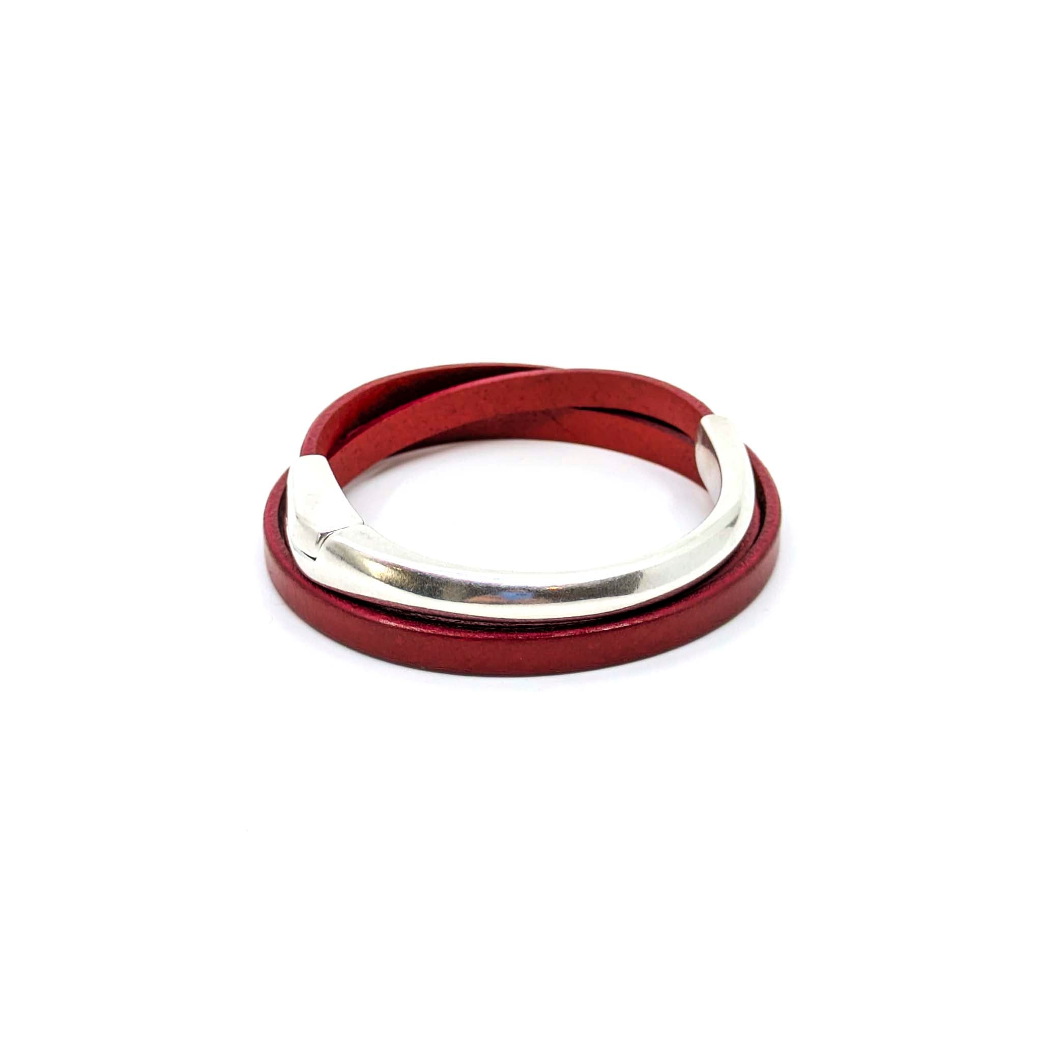 Asymmetrical Half Circle Triple Wrap Leather Bracelet-Red (Leather size 5mm)