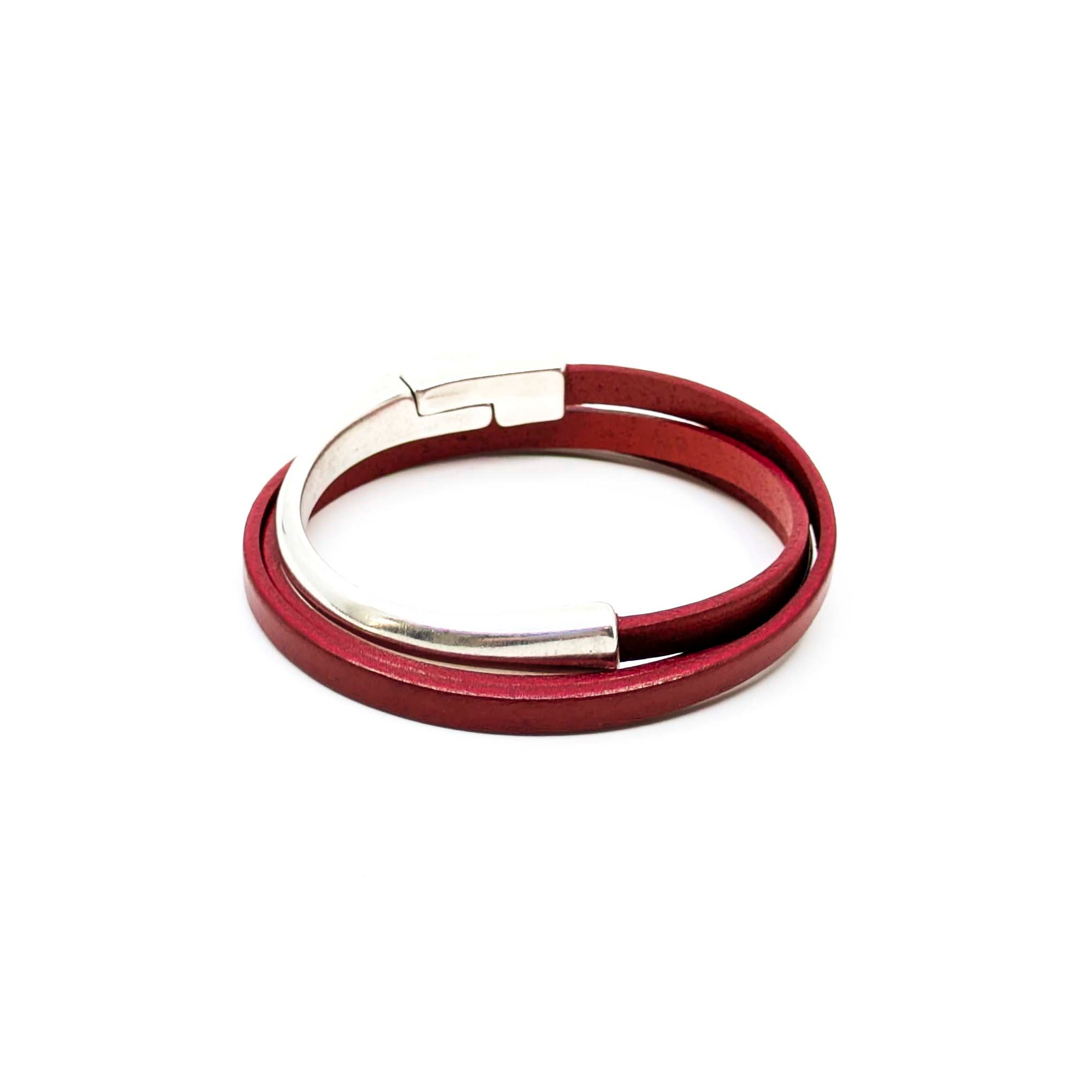 Asymmetrical Half Circle Triple Wrap Leather Bracelet-Red (Leather size 5mm)