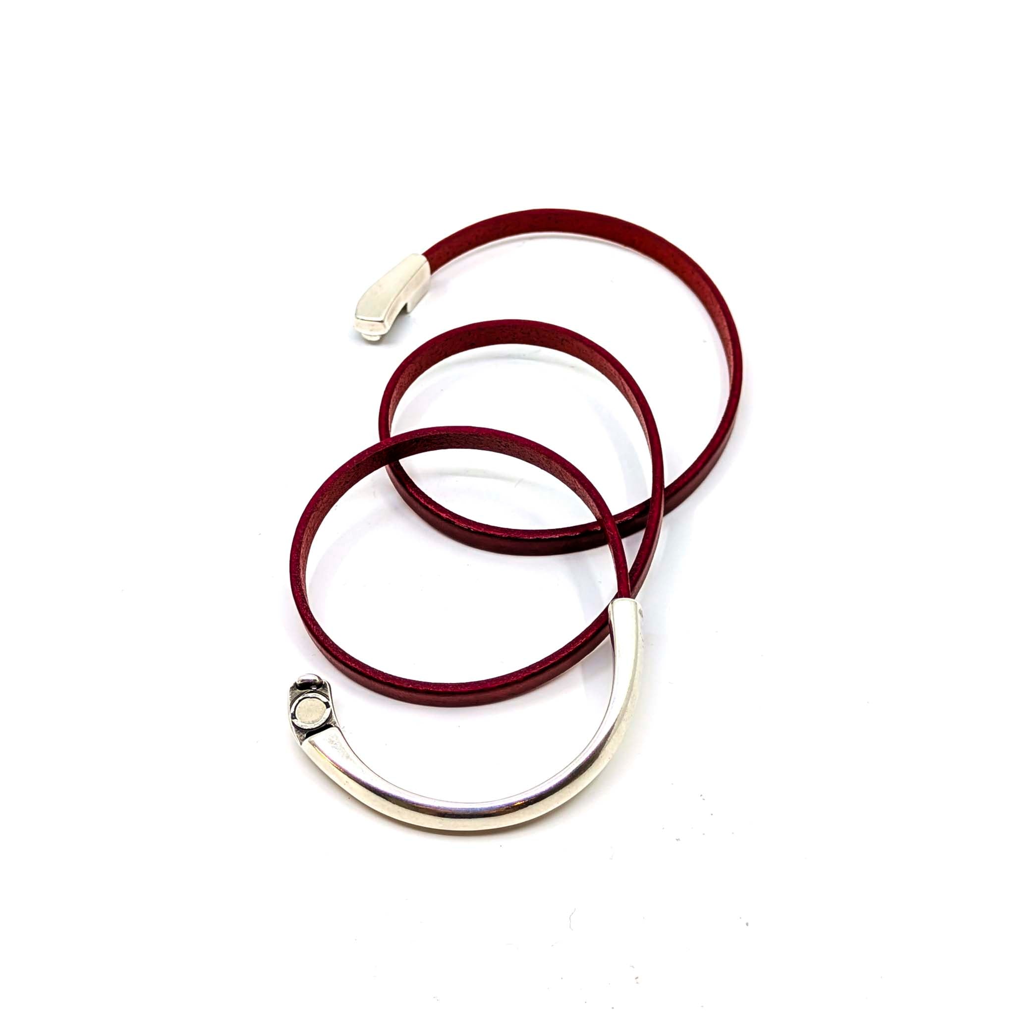 Asymmetrical Half Circle Triple Wrap Leather Bracelet-Red (Leather size 5mm)