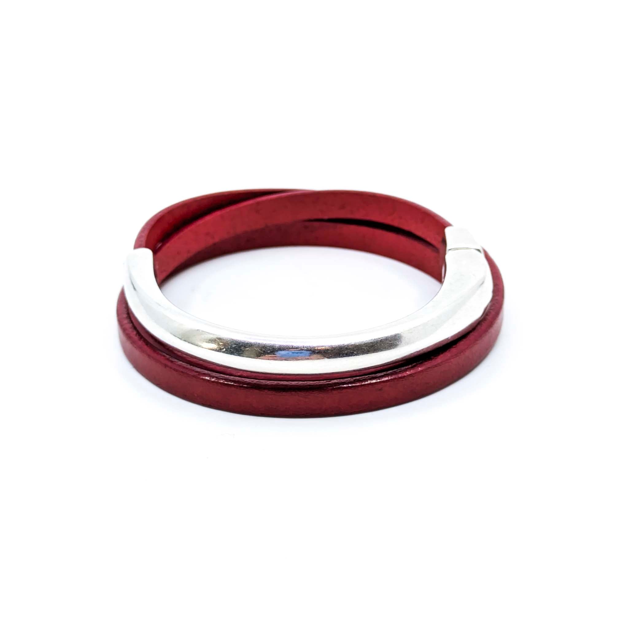 Asymmetrical Half Circle Triple Wrap Leather Bracelet-Red (Leather size 5mm)