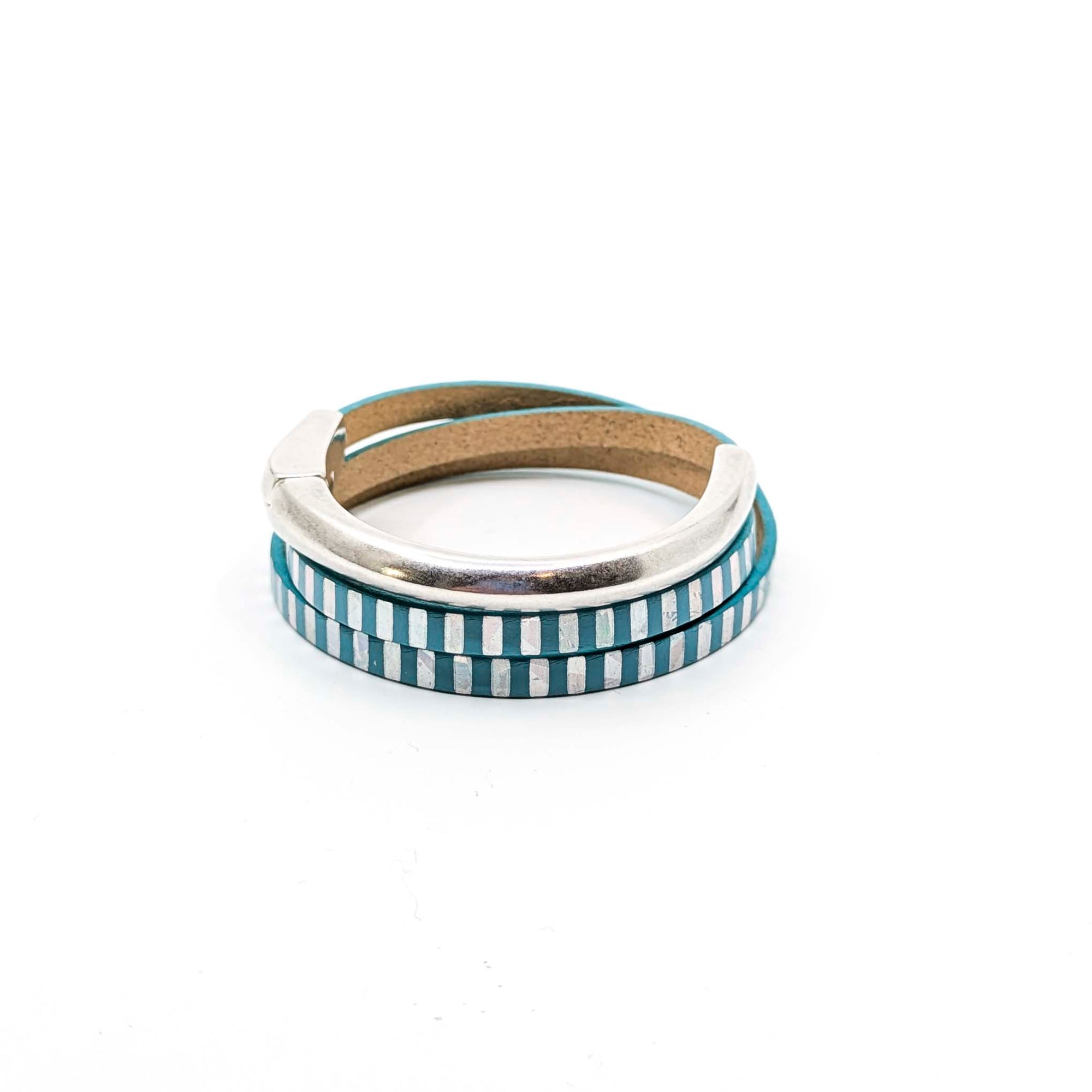 Asymmetrical Half Circle Triple Wrap Leather Bracelet-Teal with Mirror Stripe (Leather size 5mm)
