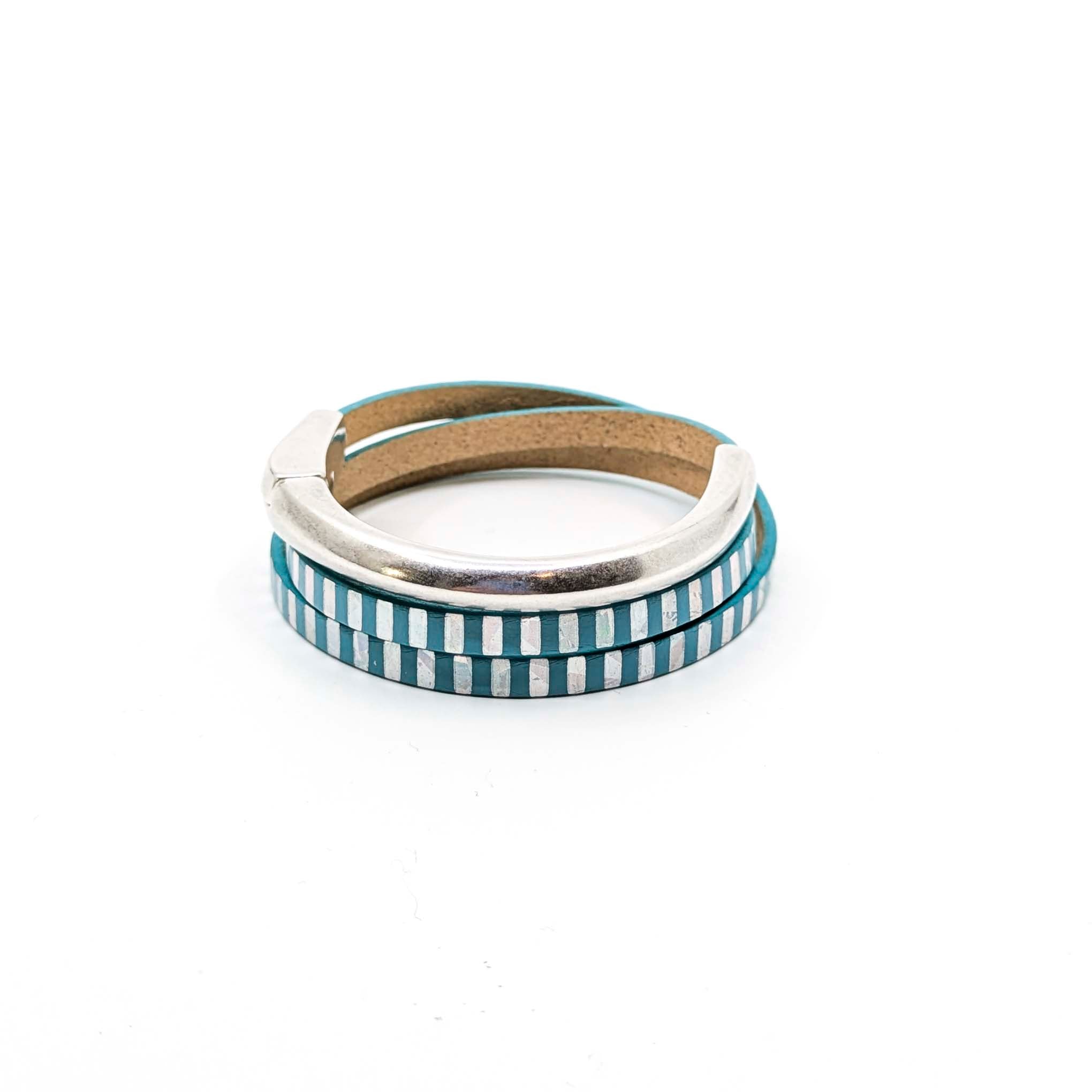 Asymmetrical Half Circle Triple Wrap Leather Bracelet-Teal with Mirror Stripe (Leather size 5mm)