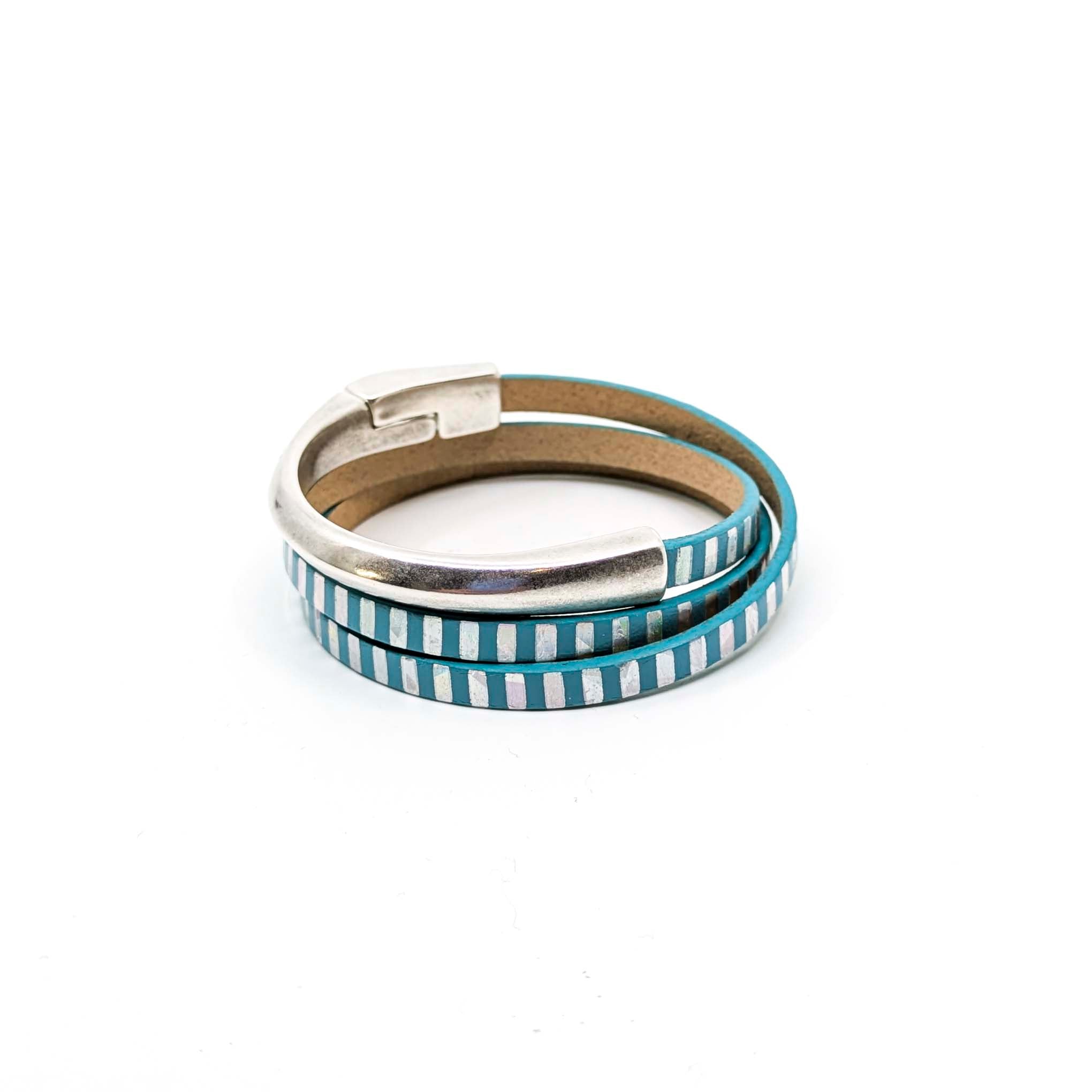 Asymmetrical Half Circle Triple Wrap Leather Bracelet-Teal with Mirror Stripe (Leather size 5mm)