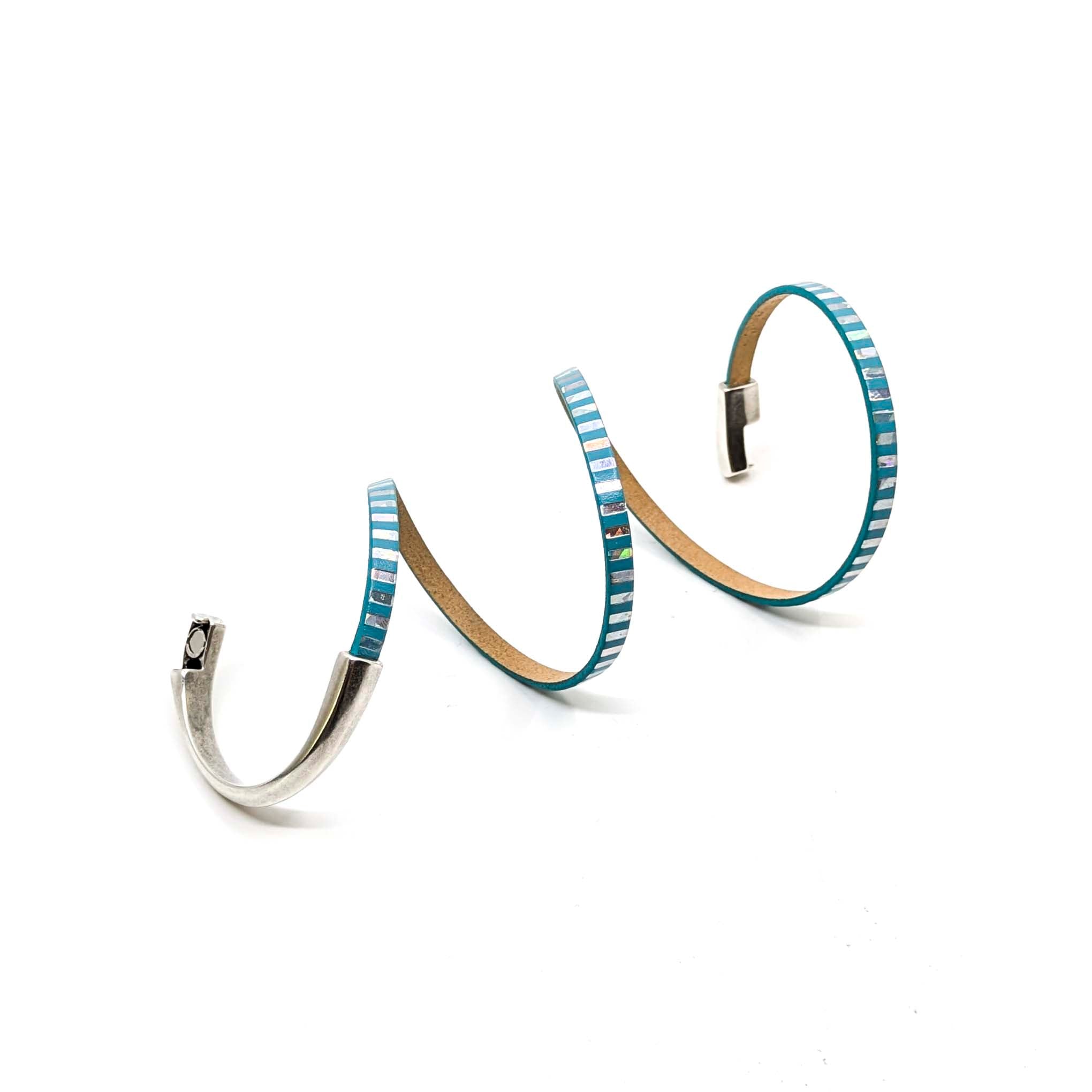 Asymmetrical Half Circle Triple Wrap Leather Bracelet-Teal with Mirror Stripe (Leather size 5mm)