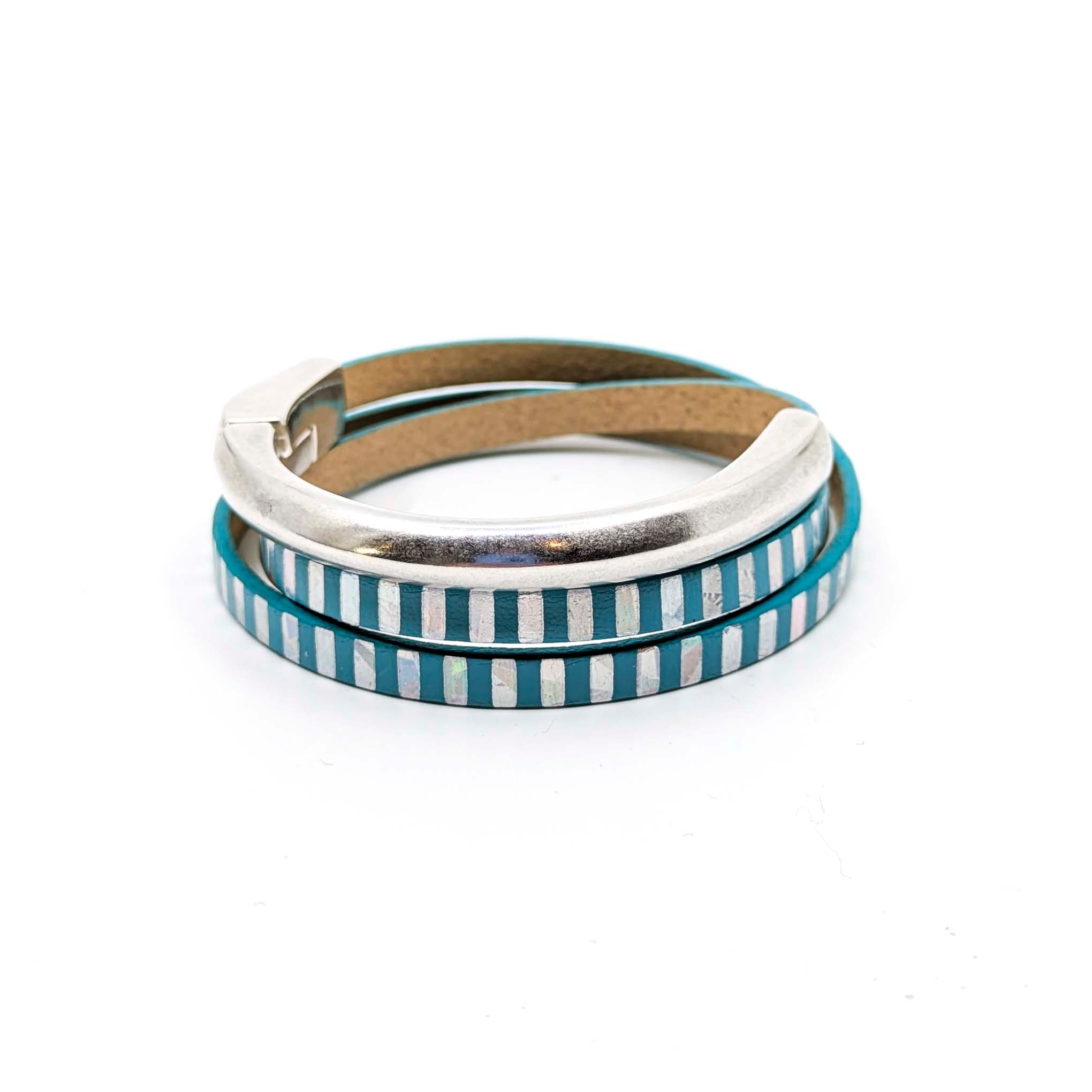 Asymmetrical Half Circle Triple Wrap Leather Bracelet-Teal with Mirror Stripe (Leather size 5mm)