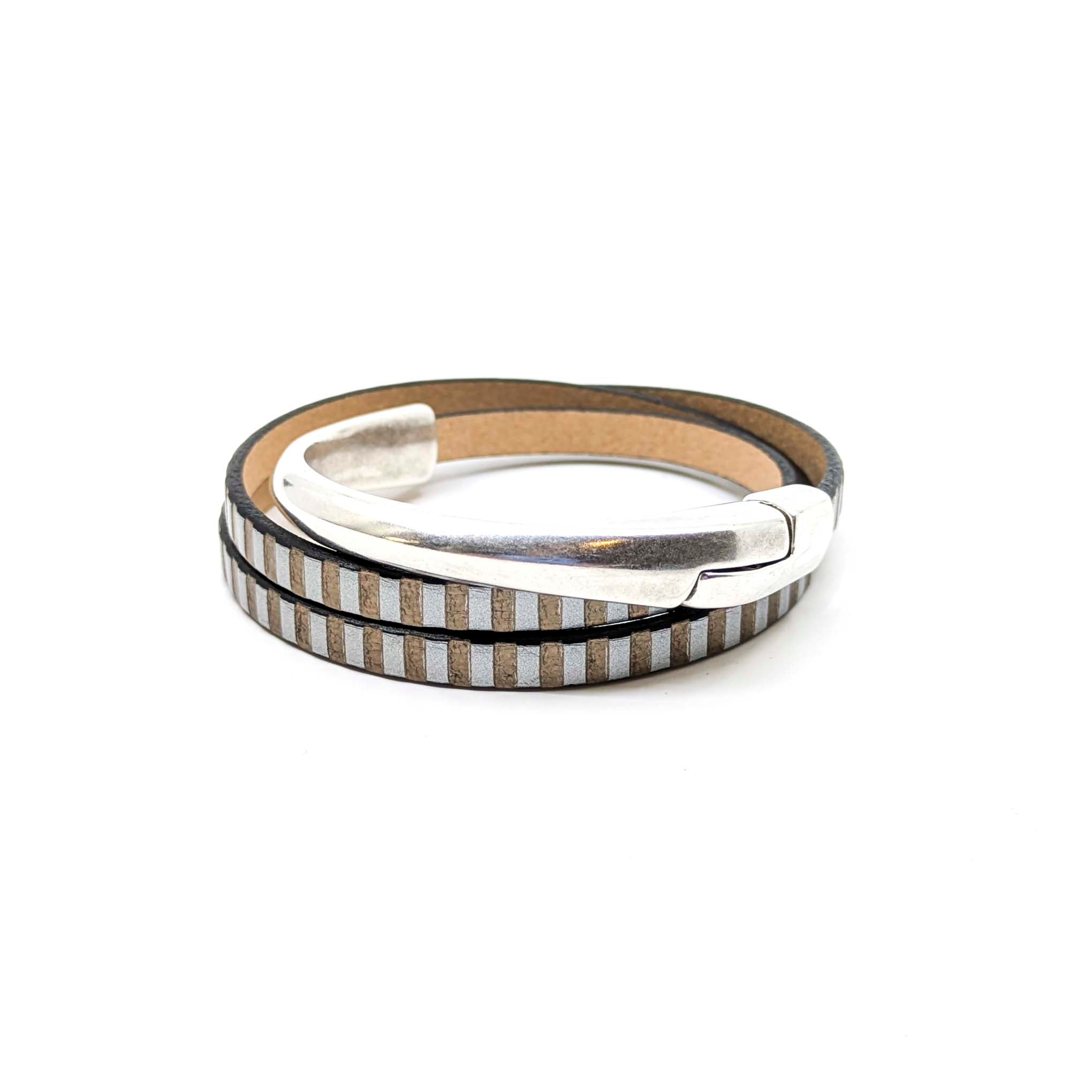 Asymmetrical Half Circle Triple Wrap Leather Bracelet-Grey with Mirror Stripe (Leather size 5mm)