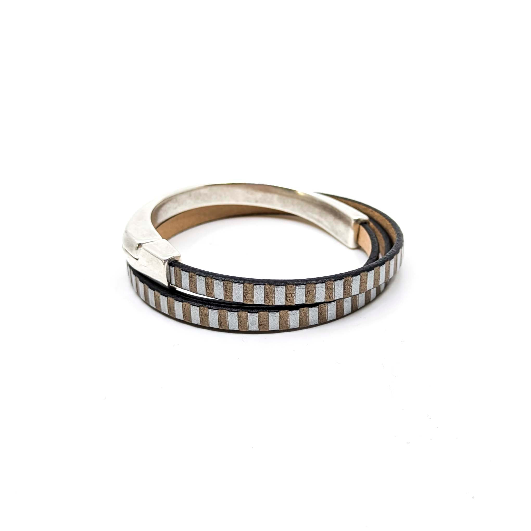 Asymmetrical Half Circle Triple Wrap Leather Bracelet-Grey with Mirror Stripe (Leather size 5mm)