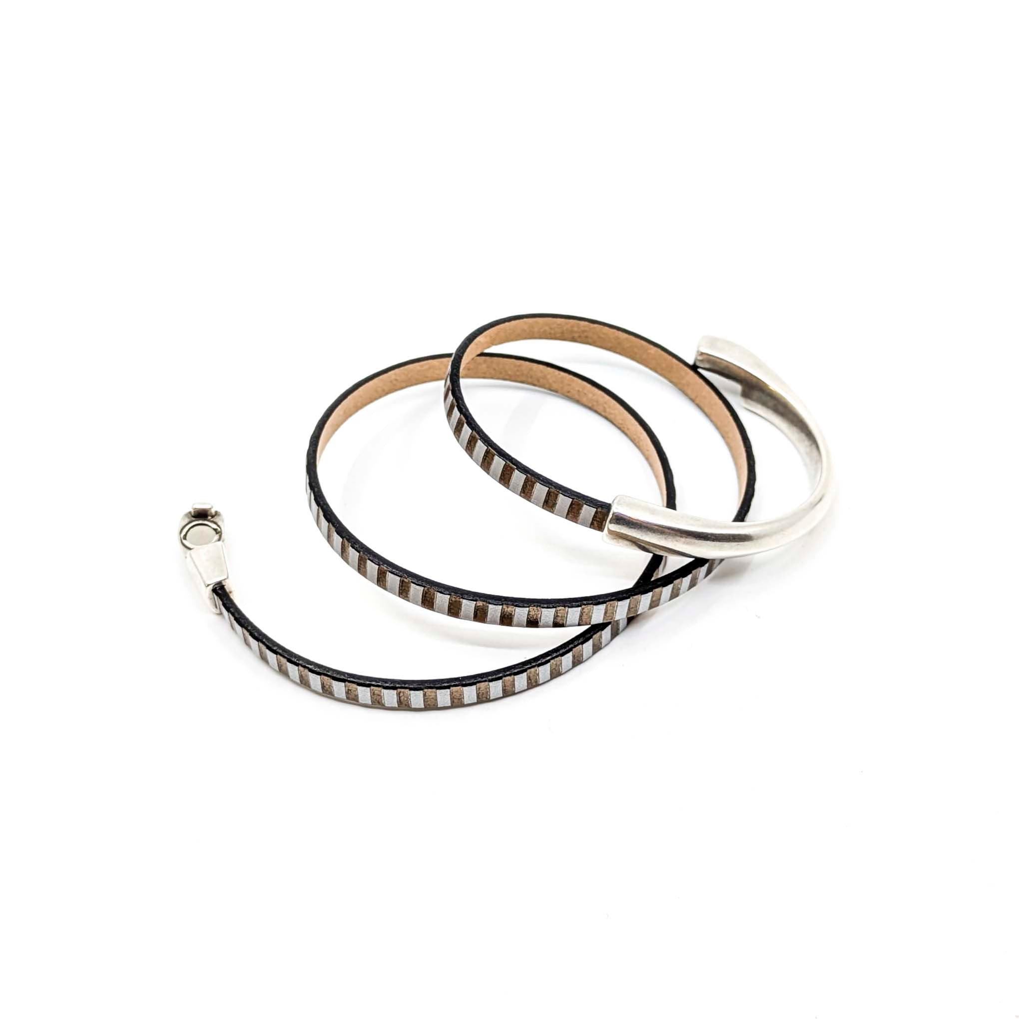 Asymmetrical Half Circle Triple Wrap Leather Bracelet-Grey with Mirror Stripe (Leather size 5mm)