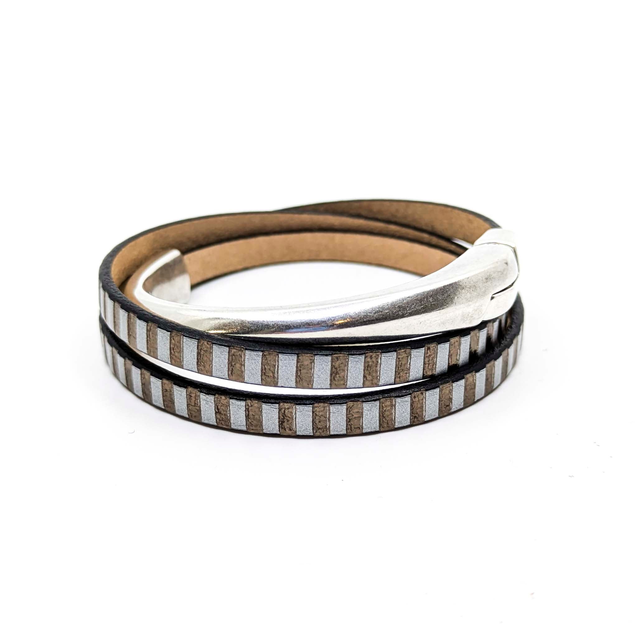 Asymmetrical Half Circle Triple Wrap Leather Bracelet-Grey with Mirror Stripe (Leather size 5mm)