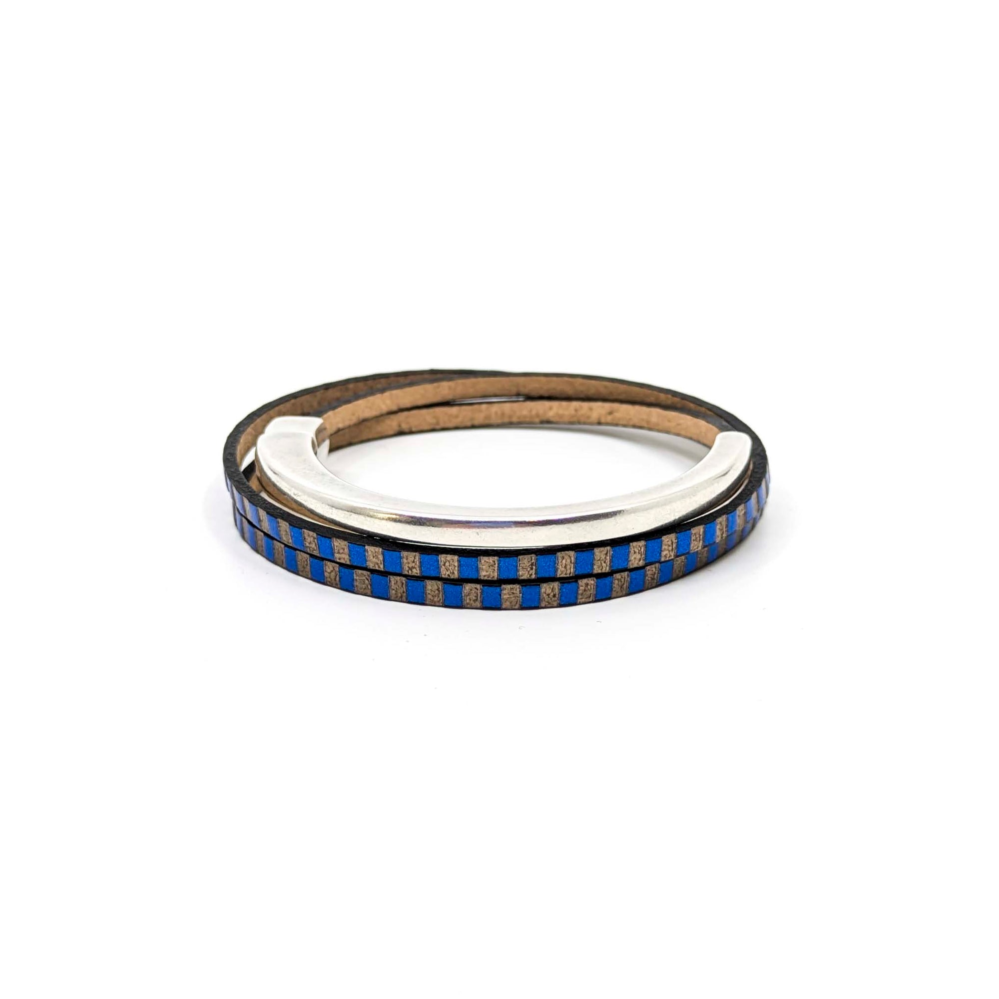Asymmetrical Half Circle Triple Wrap Leather Bracelet-Blue/Bronze Striped (Leather size 3mm)