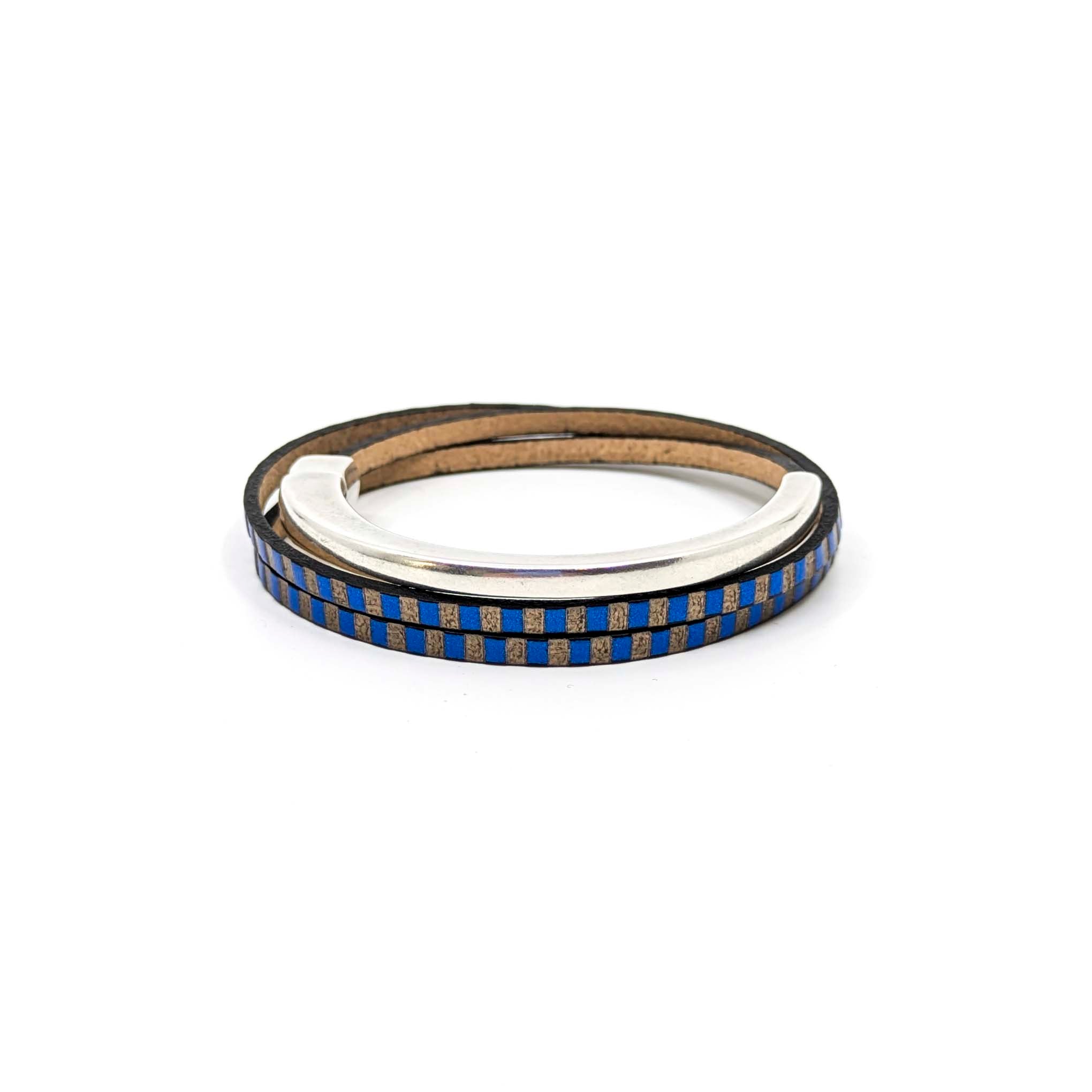 Asymmetrical Half Circle Triple Wrap Leather Bracelet-Blue/Bronze Striped (Leather size 3mm)
