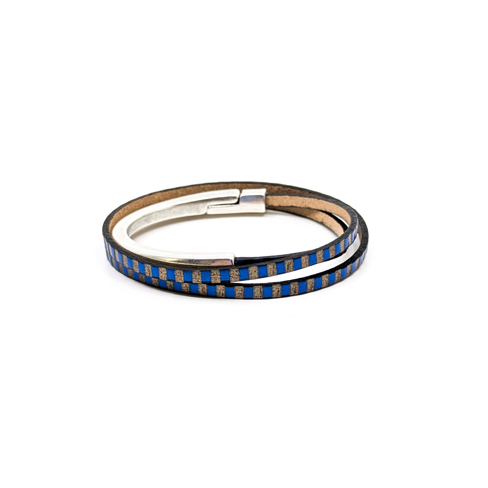 Asymmetrical Half Circle Triple Wrap Leather Bracelet-Blue/Bronze Striped (Leather size 3mm)