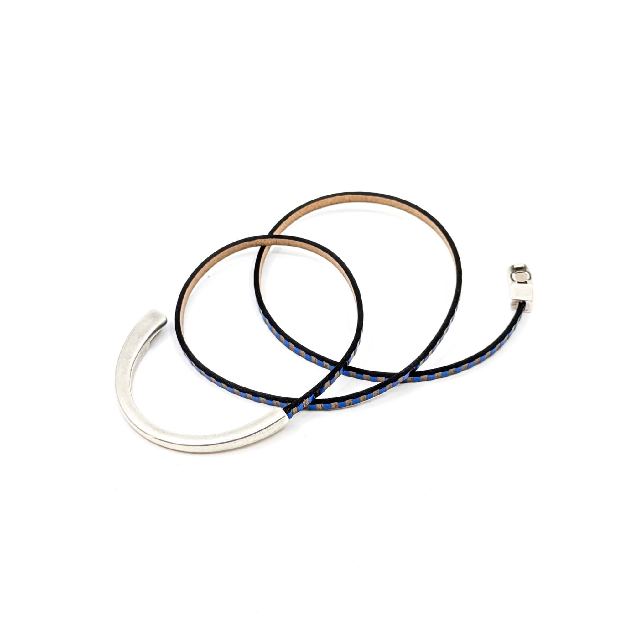 Asymmetrical Half Circle Triple Wrap Leather Bracelet-Blue/Bronze Striped (Leather size 3mm)