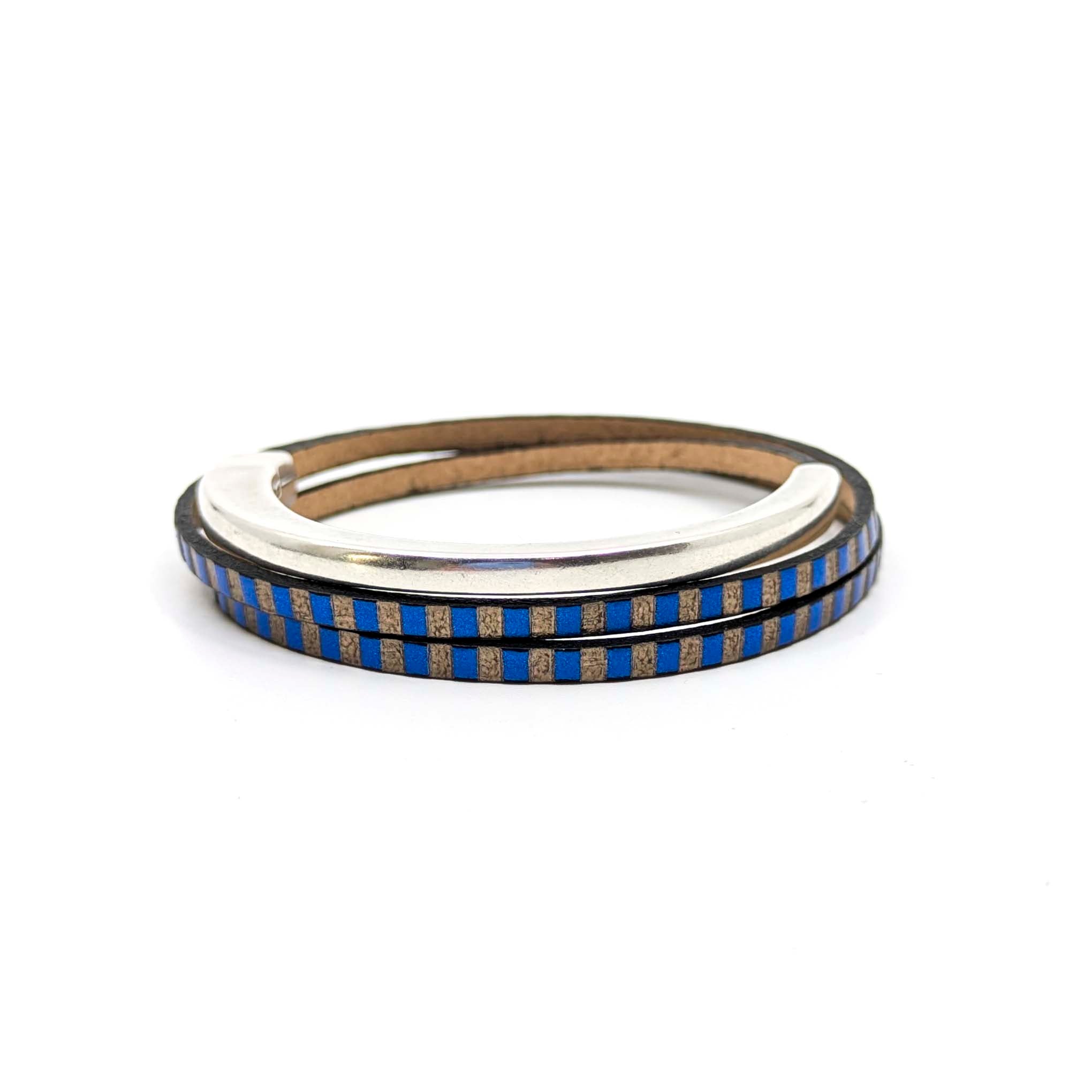 Asymmetrical Half Circle Triple Wrap Leather Bracelet-Blue/Bronze Striped (Leather size 3mm)