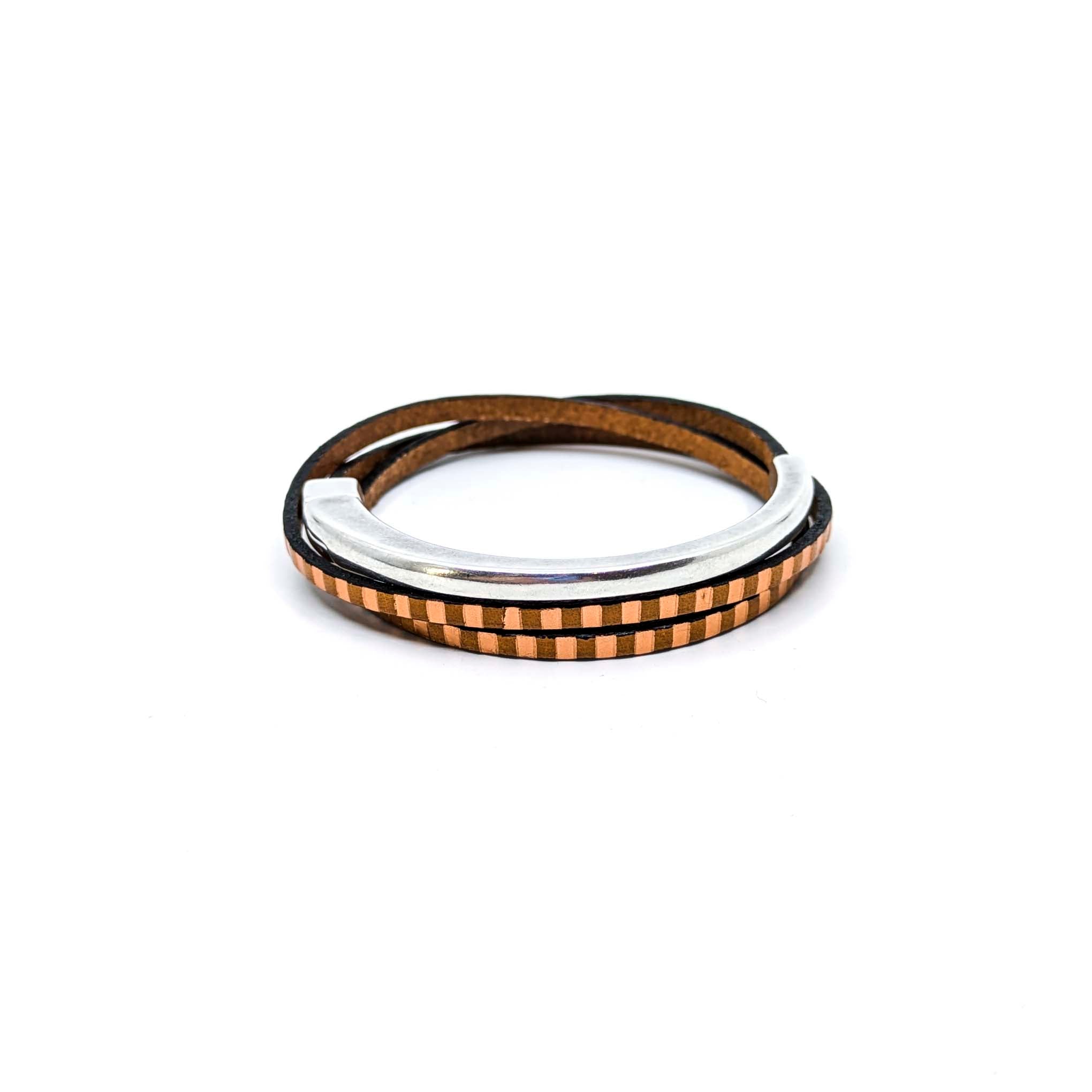 Asymmetrical Half Circle Triple Wrap Leather Bracelet- Bronze/Copper Striped (Leather size 3mm)