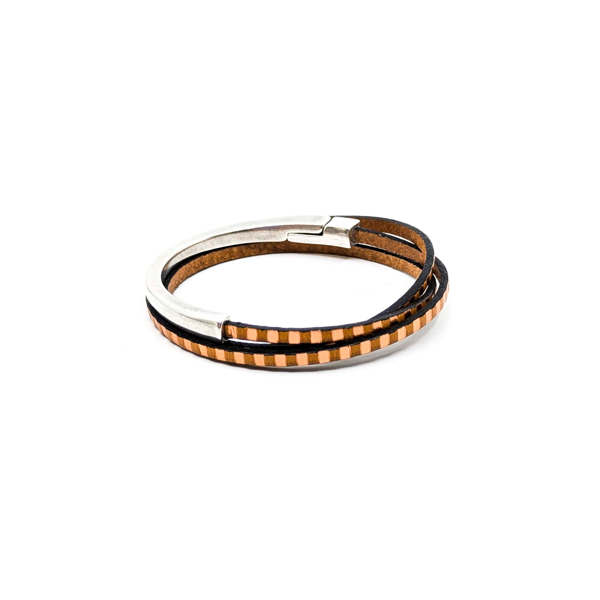 Asymmetrical Half Circle Triple Wrap Leather Bracelet- Bronze/Copper Striped (Leather size 3mm)