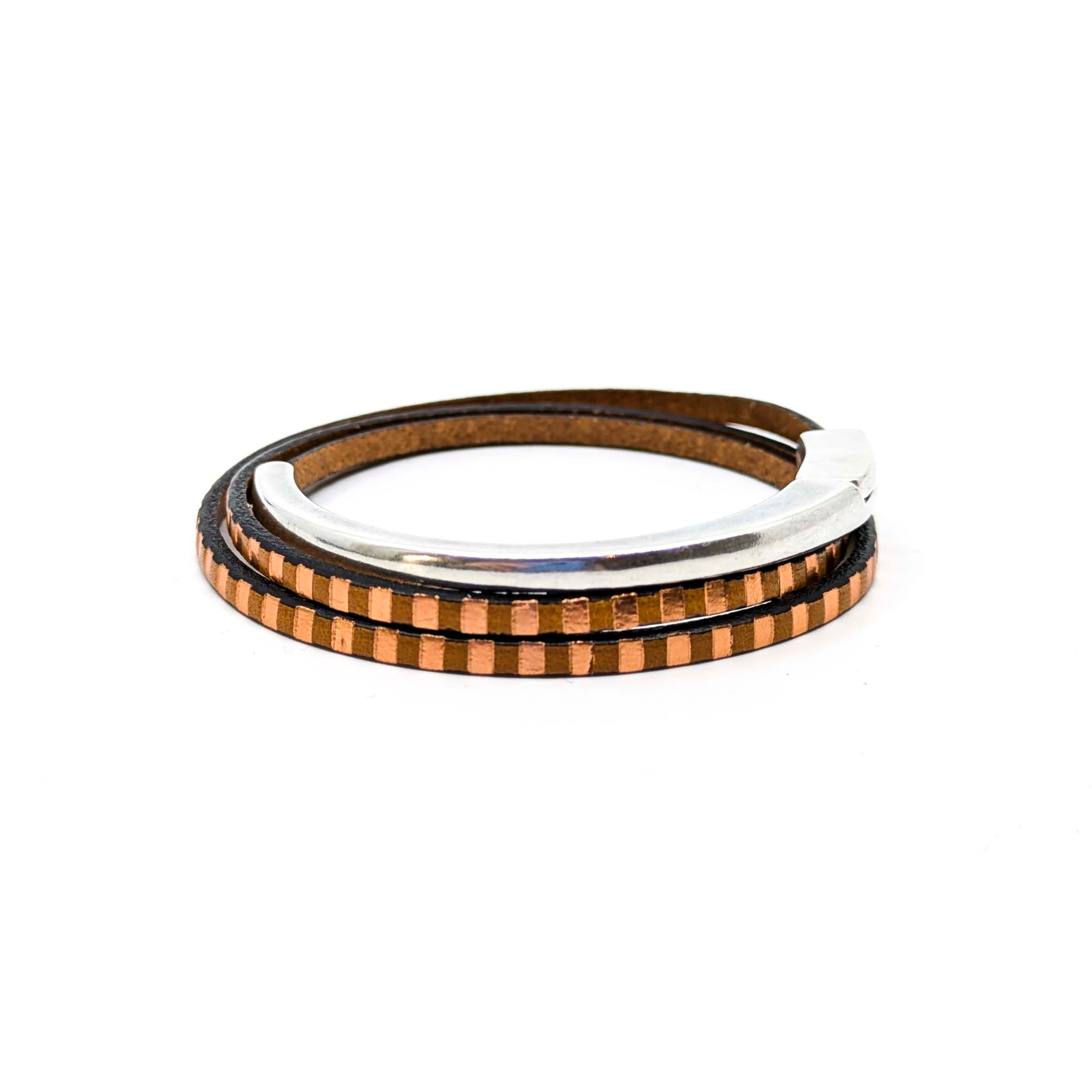Asymmetrical Half Circle Triple Wrap Leather Bracelet- Bronze/Copper Striped (Leather size 3mm)