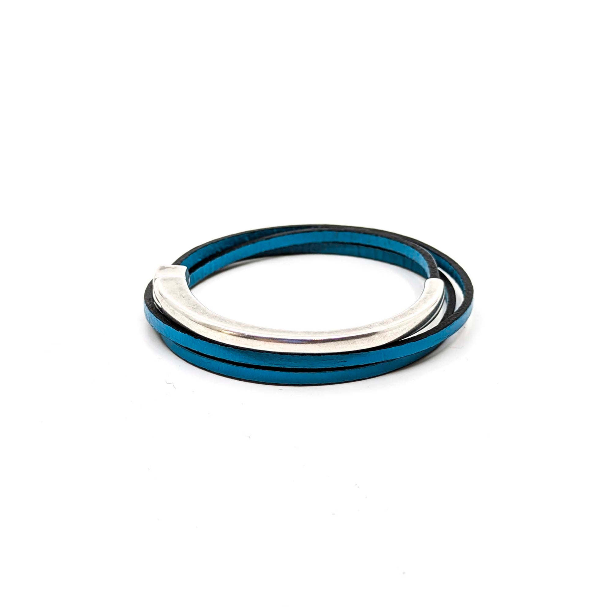 Asymmetrical Half Circle Triple Wrap Leather Bracelet- Teal (Leather size 3mm)