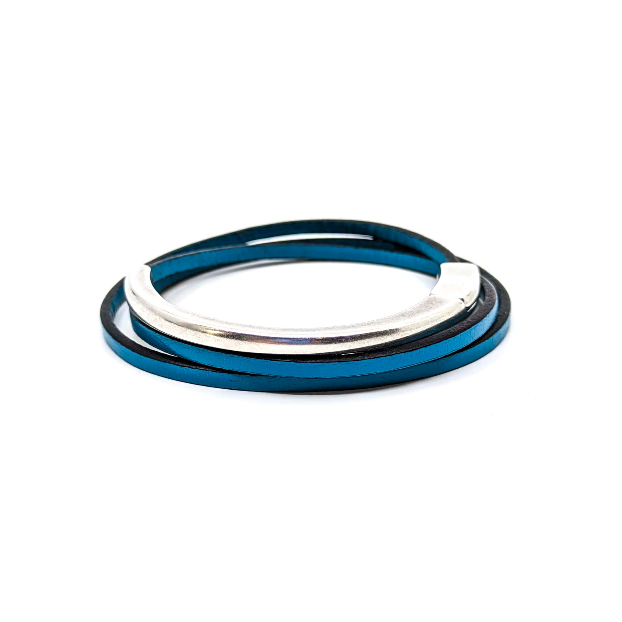 Asymmetrical Half Circle Triple Wrap Leather Bracelet- Teal (Leather size 3mm)