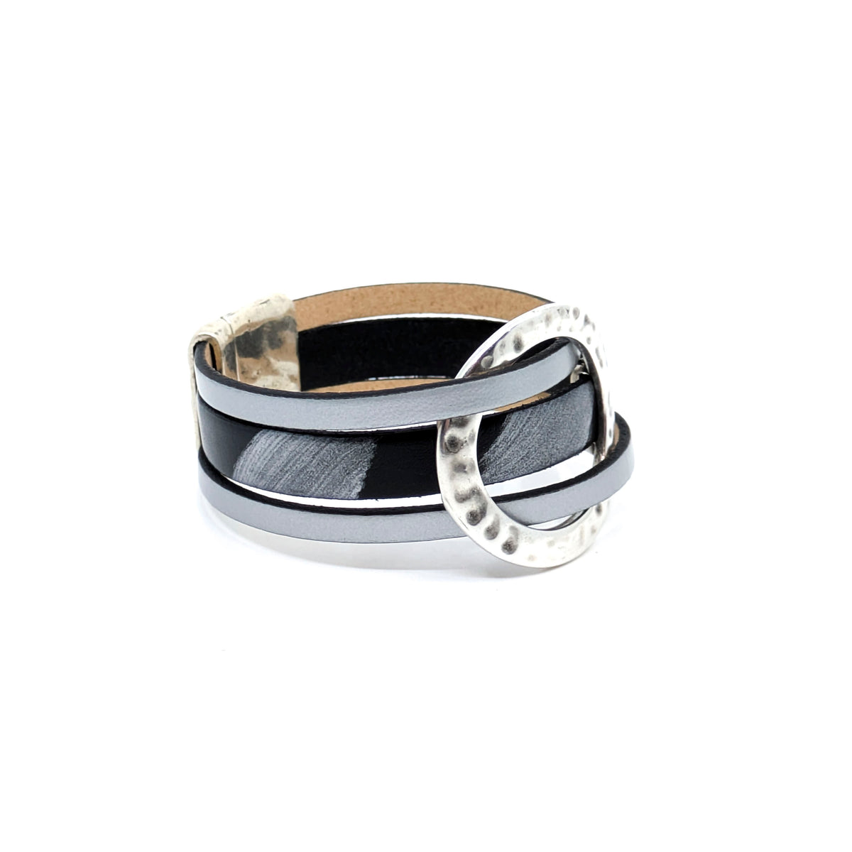 Circle Bracelet- Black with Silver Design (Large)