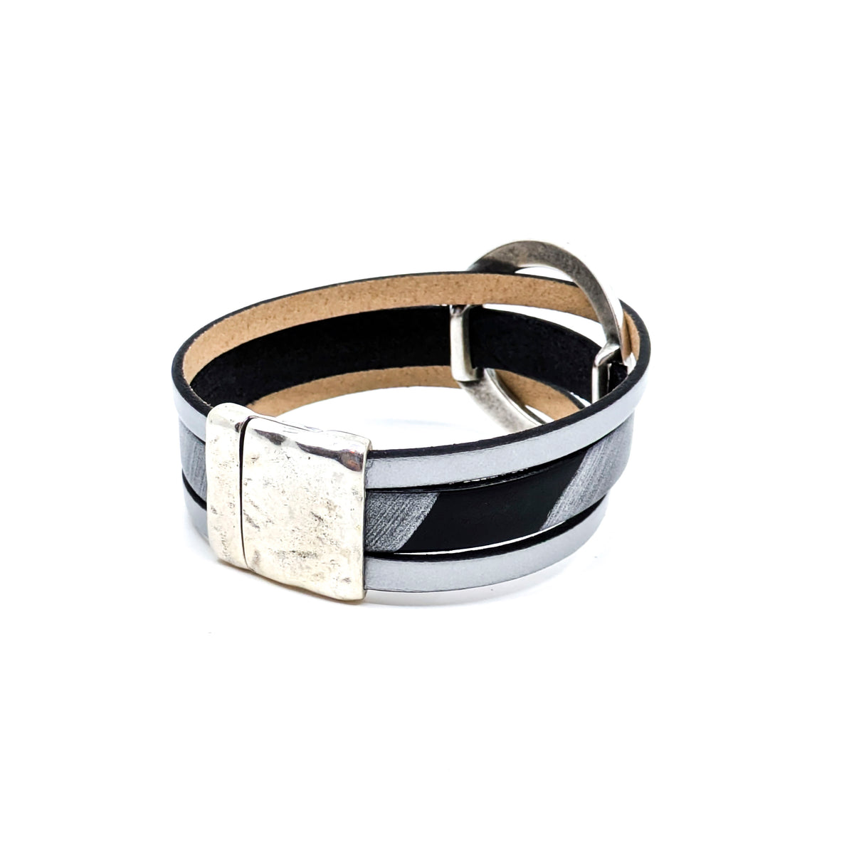 Circle Bracelet- Black with Silver Design (Large)