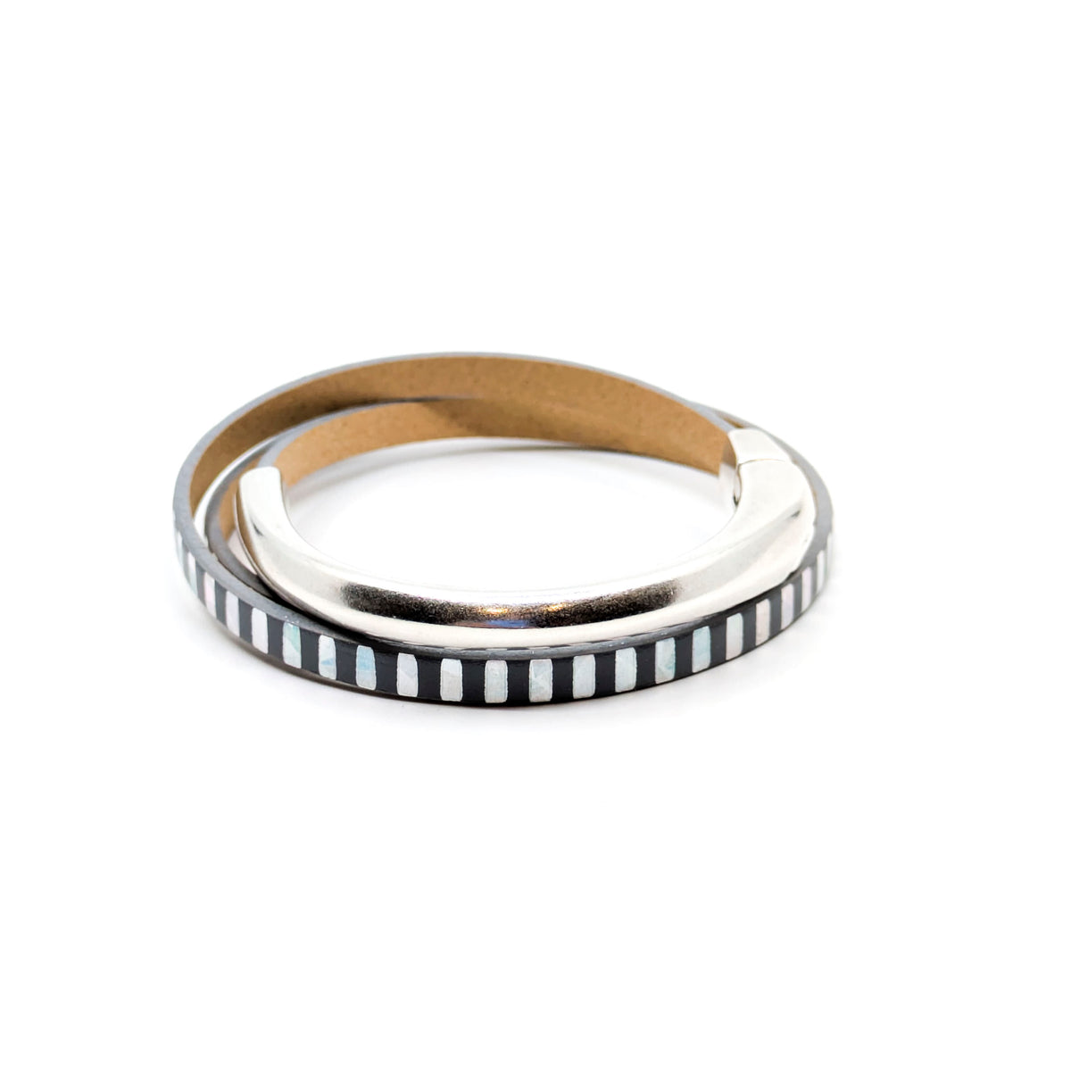 Asymmetrical Half Circle Triple Wrap Leather Bracelet- Silver Stripe (Large)