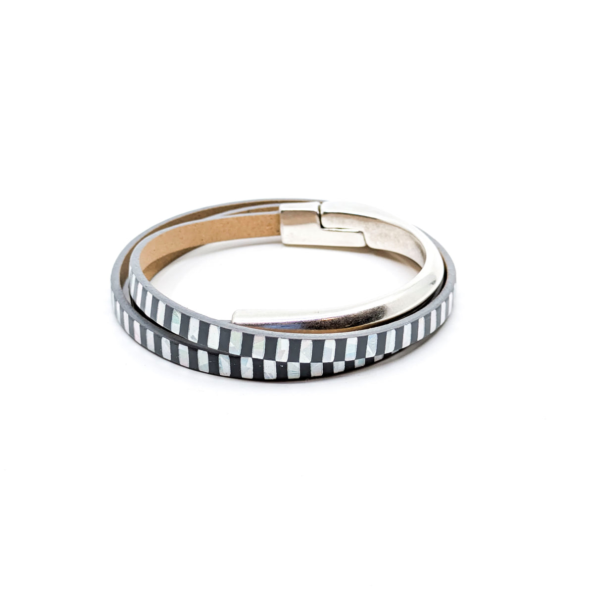 Asymmetrical Half Circle Triple Wrap Leather Bracelet- Silver Stripe (Large)