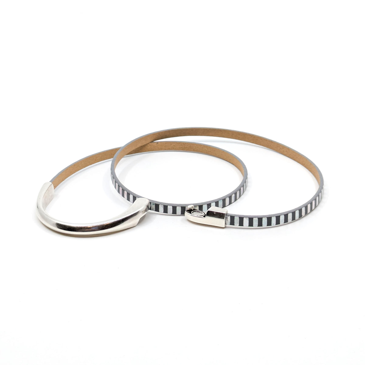 Asymmetrical Half Circle Triple Wrap Leather Bracelet- Silver Stripe (Large)
