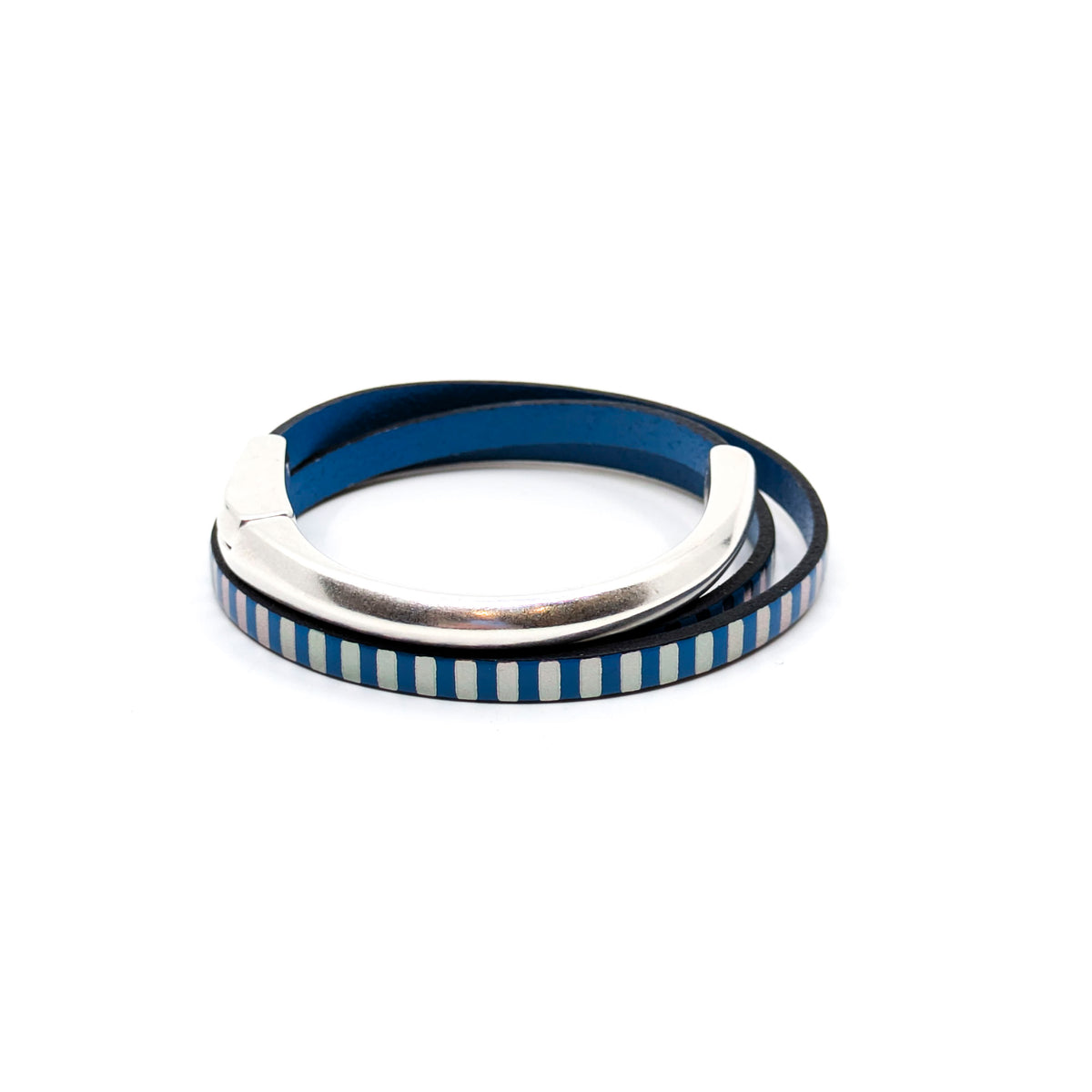 Asymmetrical Half Circle Triple Wrap Leather Bracelet- Blue with Silver Stripe (Medium)