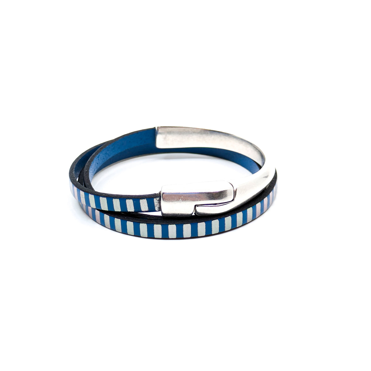 Asymmetrical Half Circle Triple Wrap Leather Bracelet- Blue with Silver Stripe (Medium)