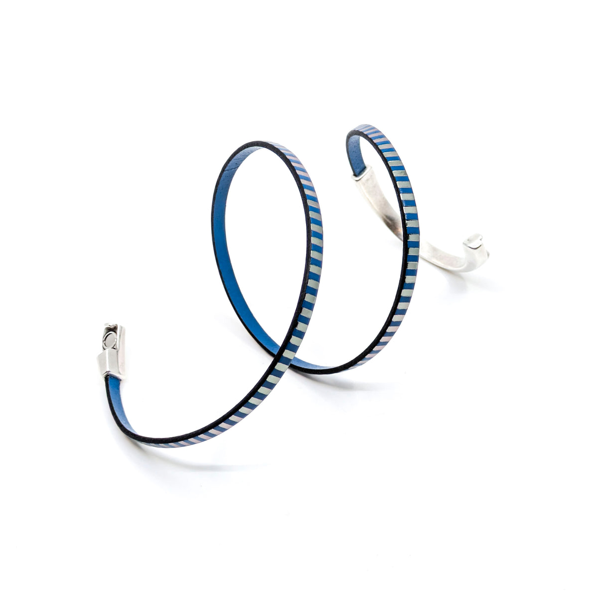 Asymmetrical Half Circle Triple Wrap Leather Bracelet- Blue with Silver Stripe (Medium)