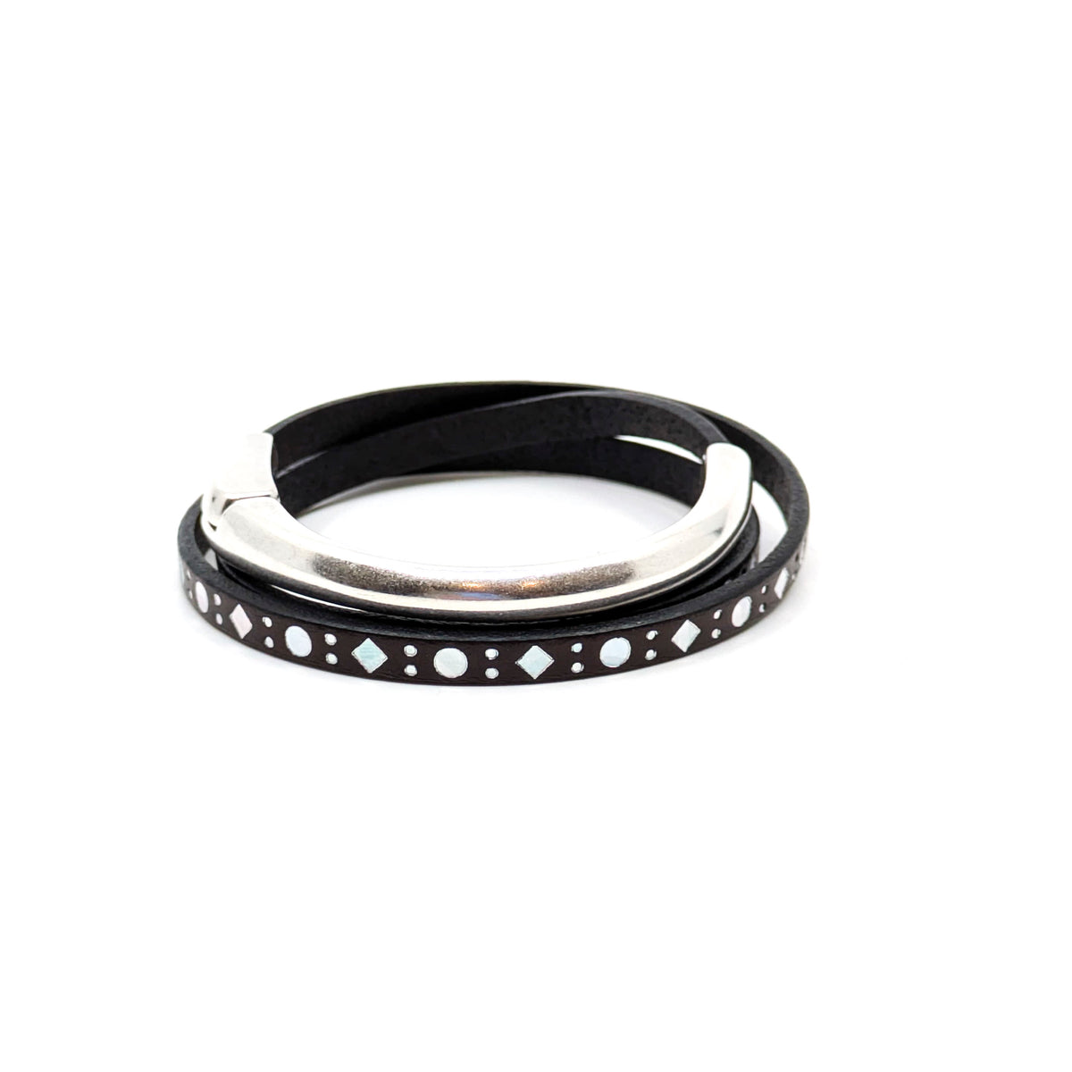 Asymmetrical Half Circle Triple Wrap Leather Bracelet- Dark Brown with Silver Diamond Design (Medium)