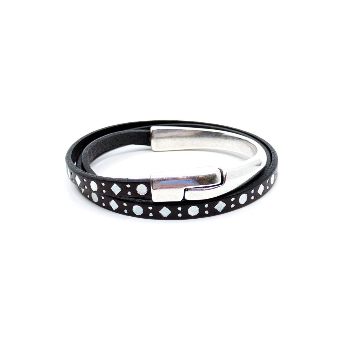 Asymmetrical Half Circle Triple Wrap Leather Bracelet- Dark Brown with Silver Diamond Design (Medium)