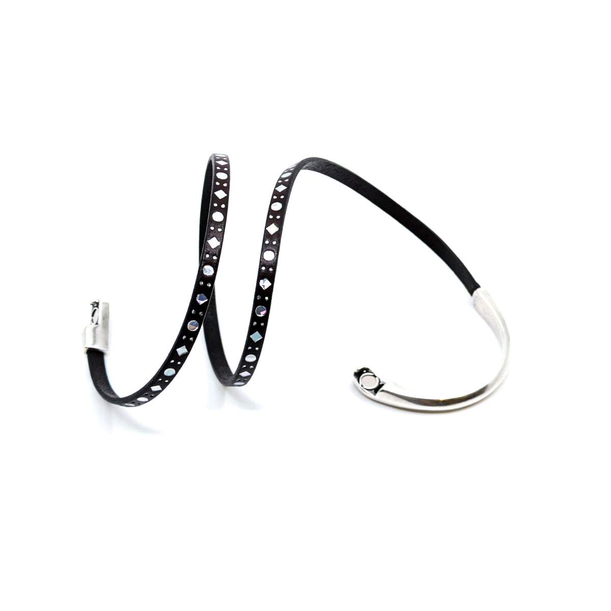 Asymmetrical Half Circle Triple Wrap Leather Bracelet- Dark Brown with Silver Diamond Design (Medium)