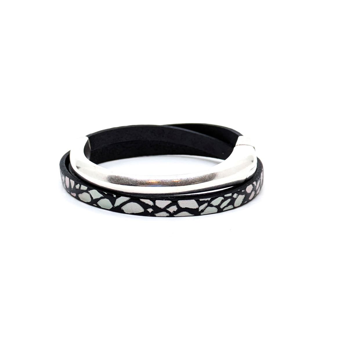 Asymmetrical Half Circle Triple Wrap Leather Bracelet- Black with Silver Giraffe Print (Medium)